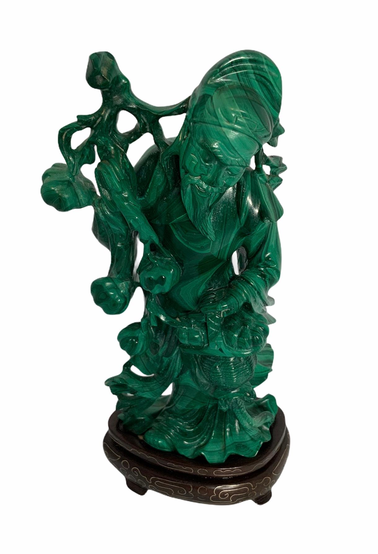 Chinese Export Hand Carved Malachite Statue of Shou Xing Gong