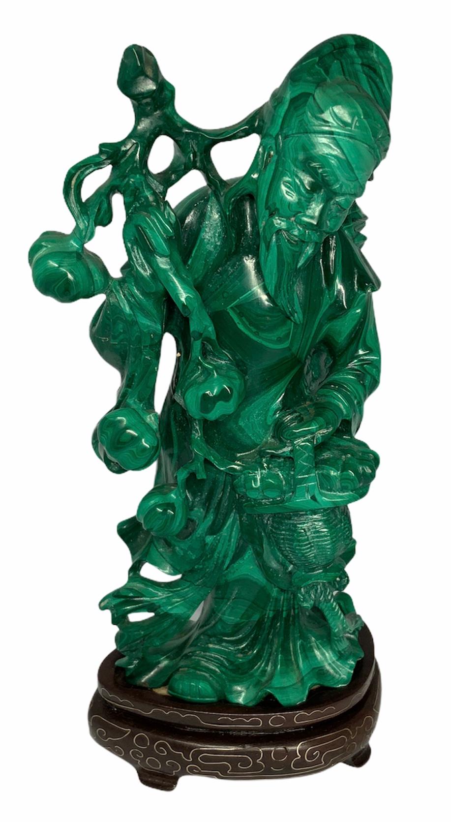 Hand Carved Malachite Statue of Shou Xing Gong In Good Condition In Guaynabo, PR