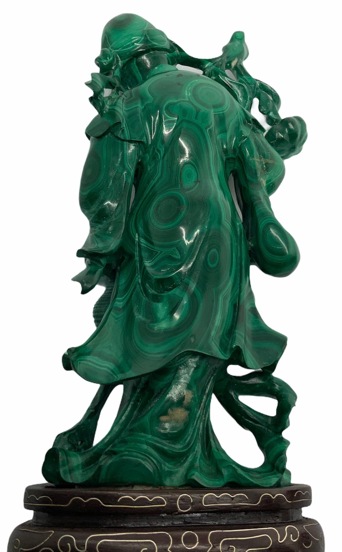 Hand Carved Malachite Statue of Shou Xing Gong In Good Condition In Guaynabo, PR
