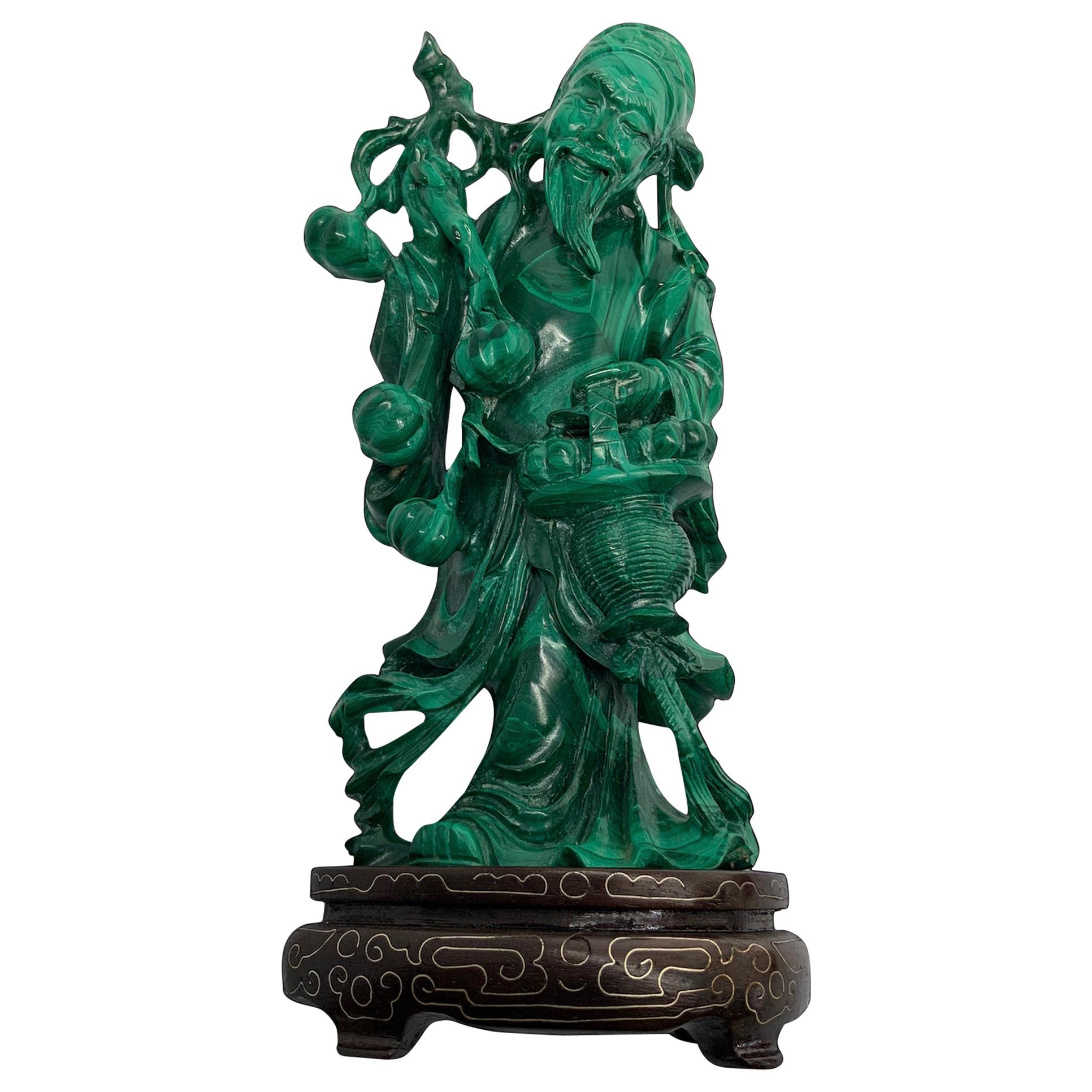 Hand Carved Malachite Statue of Shou Xing Gong