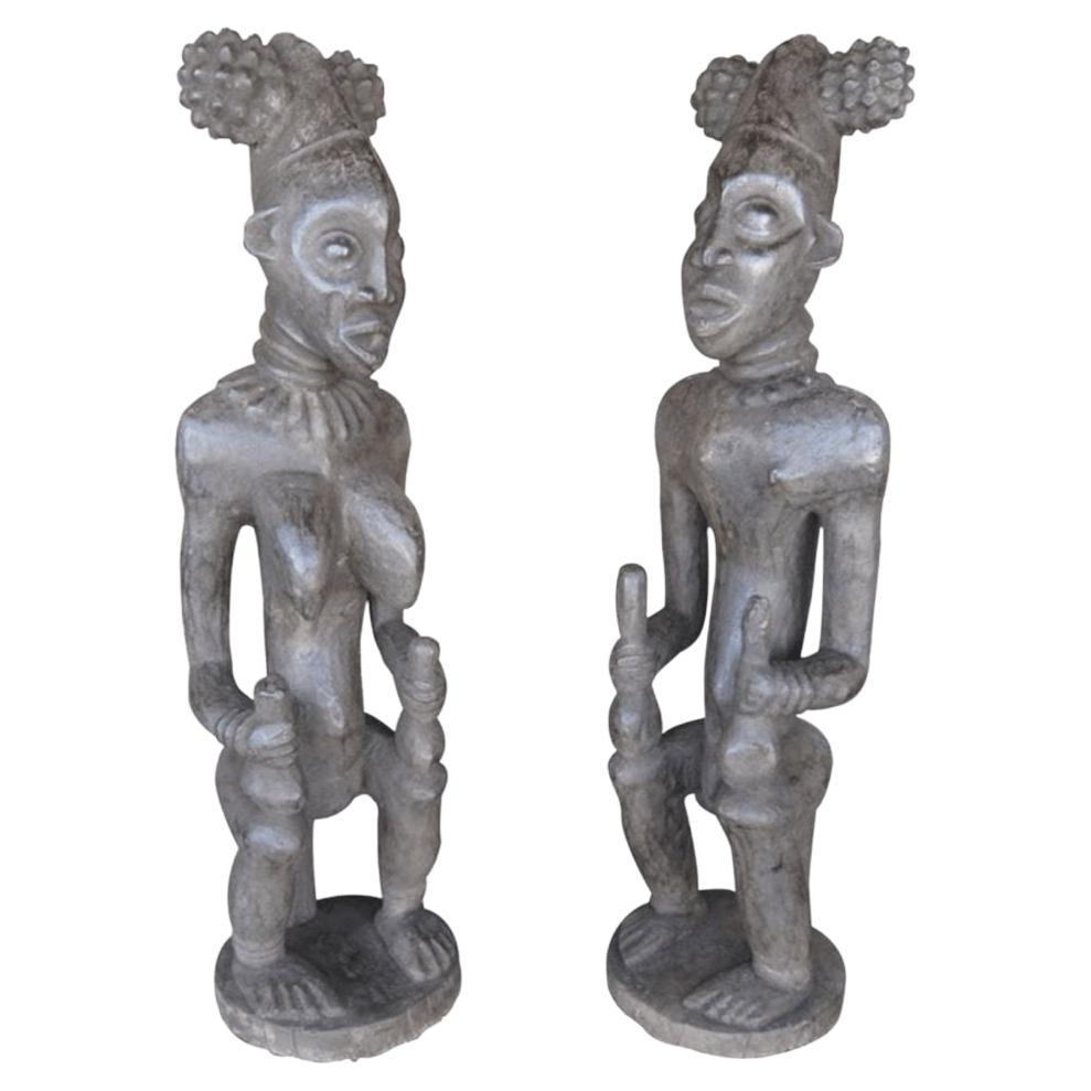 Hand Carved Male and Female African Statues from Cameroon For Sale