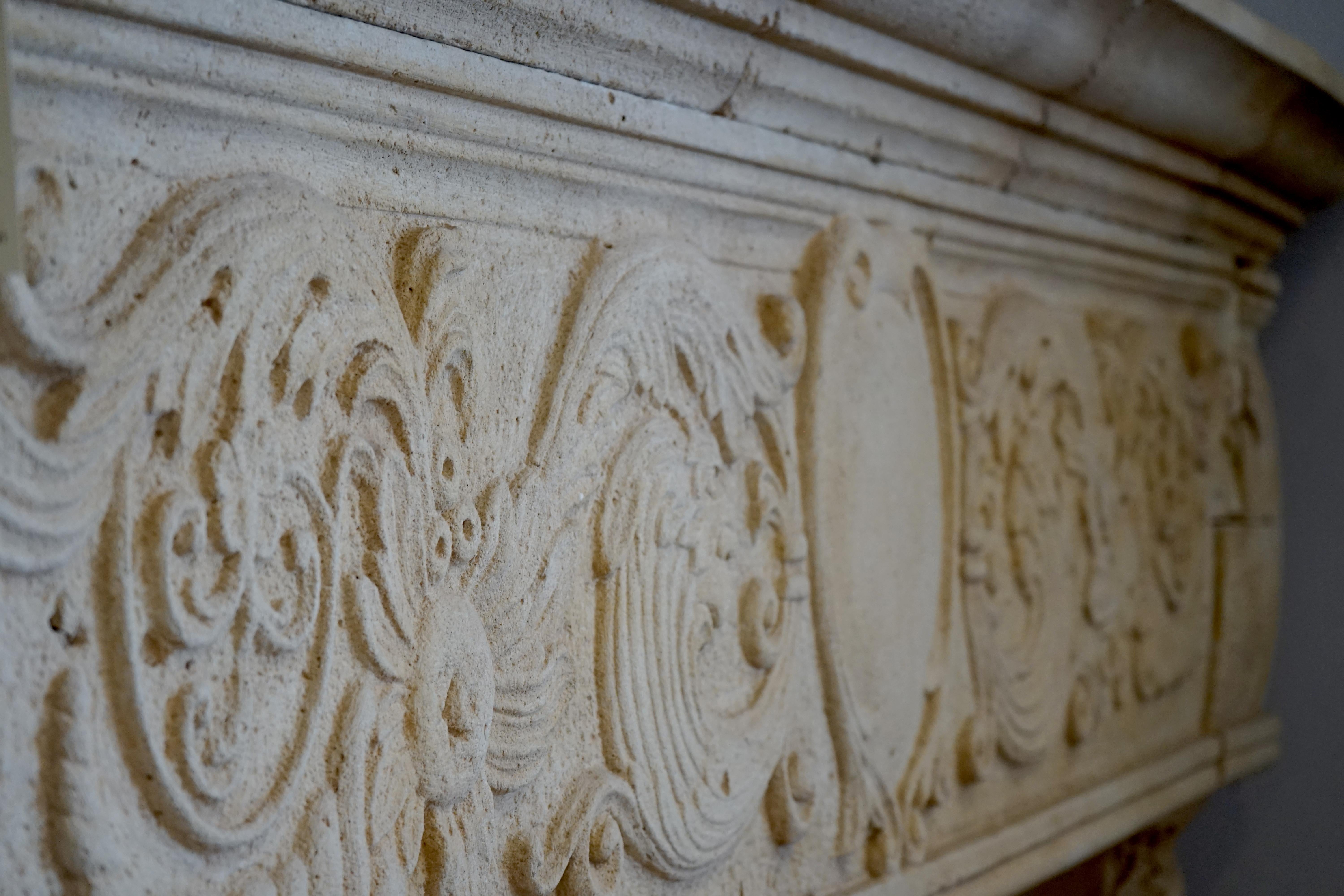 Hand Carved Mantel with Grotesques In Good Condition In Dallas, TX