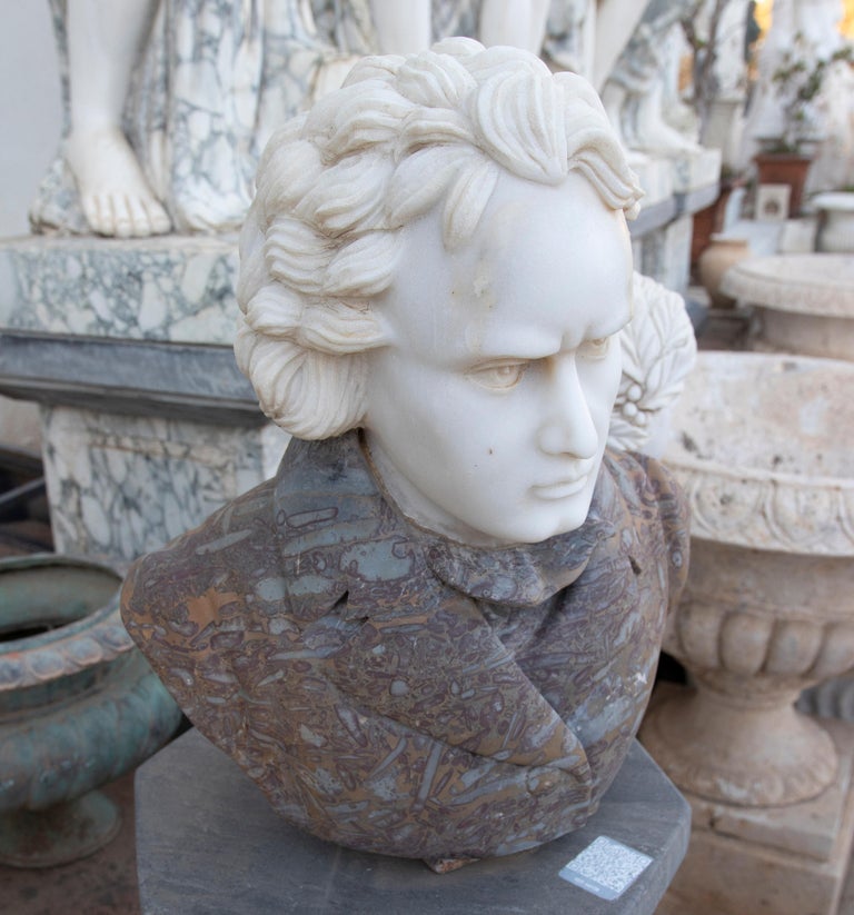 Hand carved marble bust of Beethoven using two types of marble.