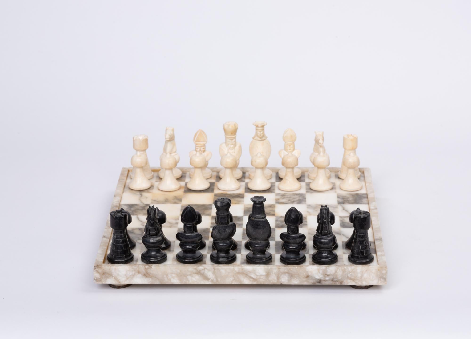 Mid-Century Modern Hand Carved Marble Chess Set