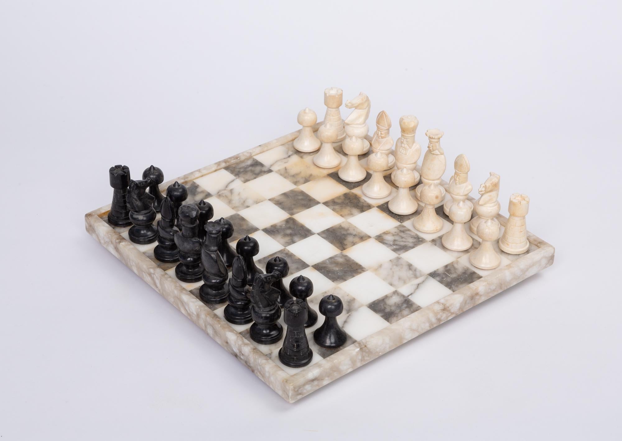 Hand Carved Marble Chess Set In Excellent Condition In Los Angeles, CA