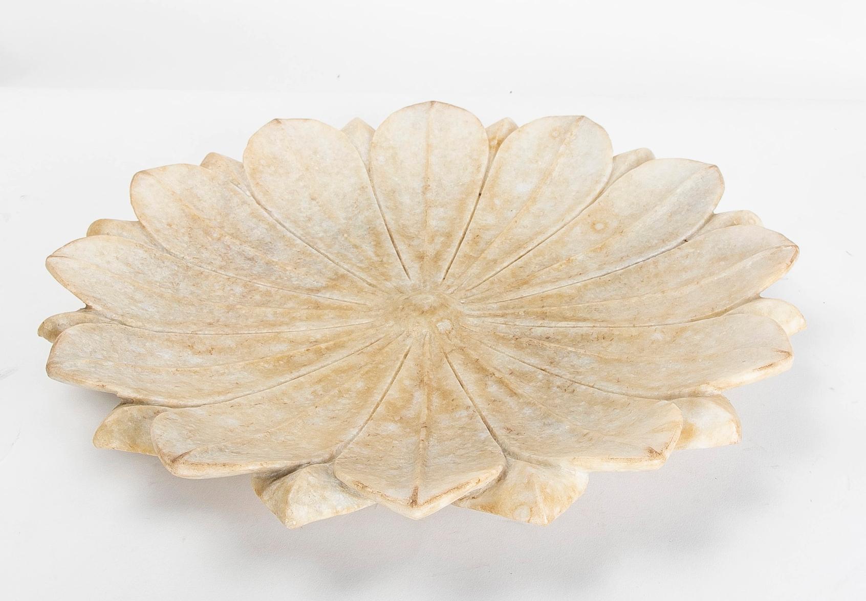Contemporary Hand-Carved Marble Decorative Dish with Open Lotus Flower Shape For Sale