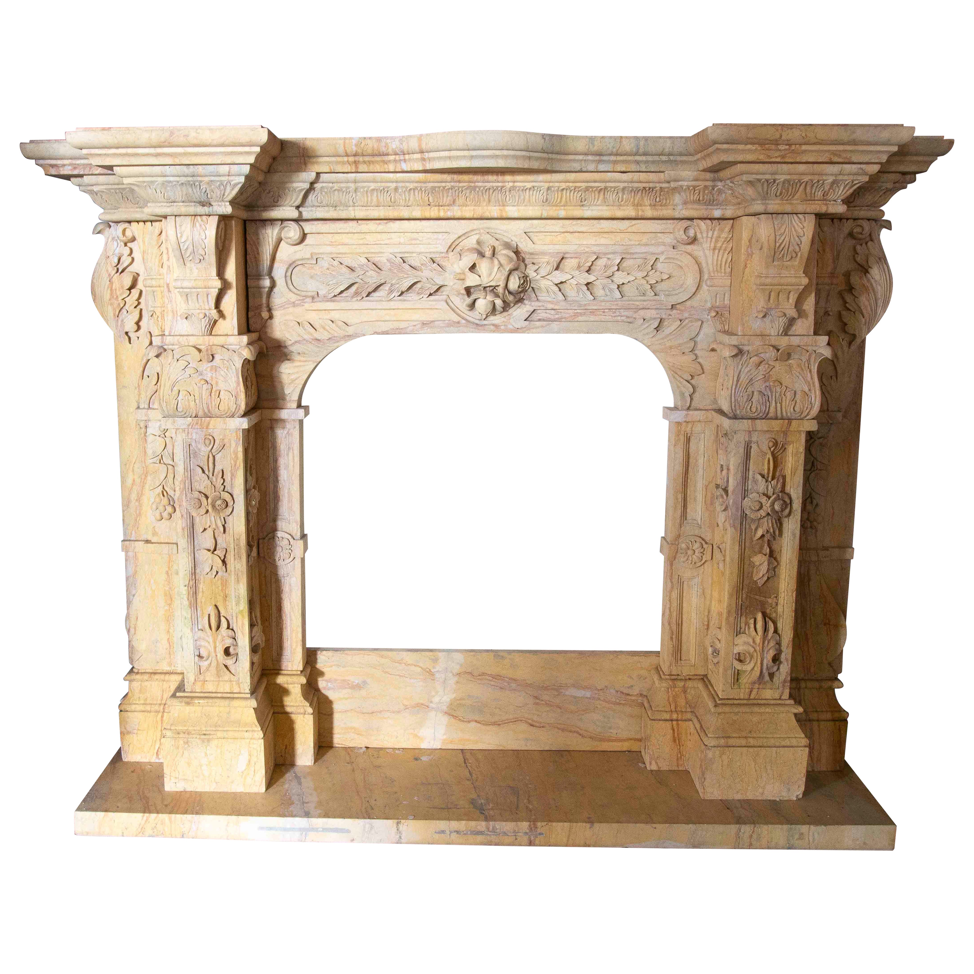 Hand-Carved Marble Fireplace with Classic Ornamentation For Sale