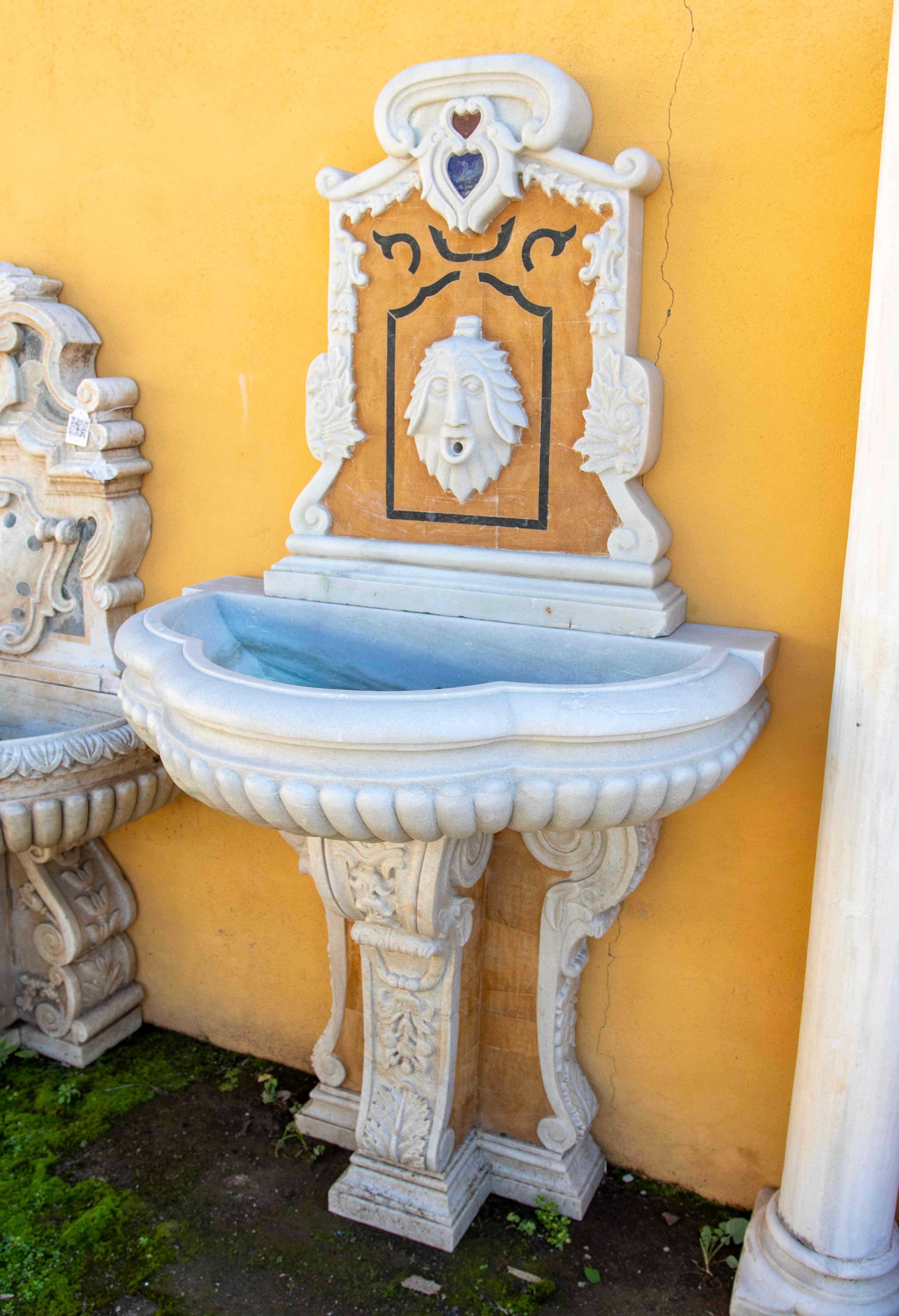 Impressionnante fontaine en marbre sculptée à la main, au design classique, avec une tête de lion sculptée, utilisée comme bec d'eau. La structure comprend des détails ornementaux complexes, mis en valeur par le contraste entre les tons clairs et