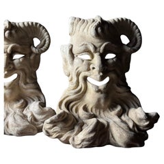 Antique Hand carved marble Italian masks by Satyr (Set of 2)