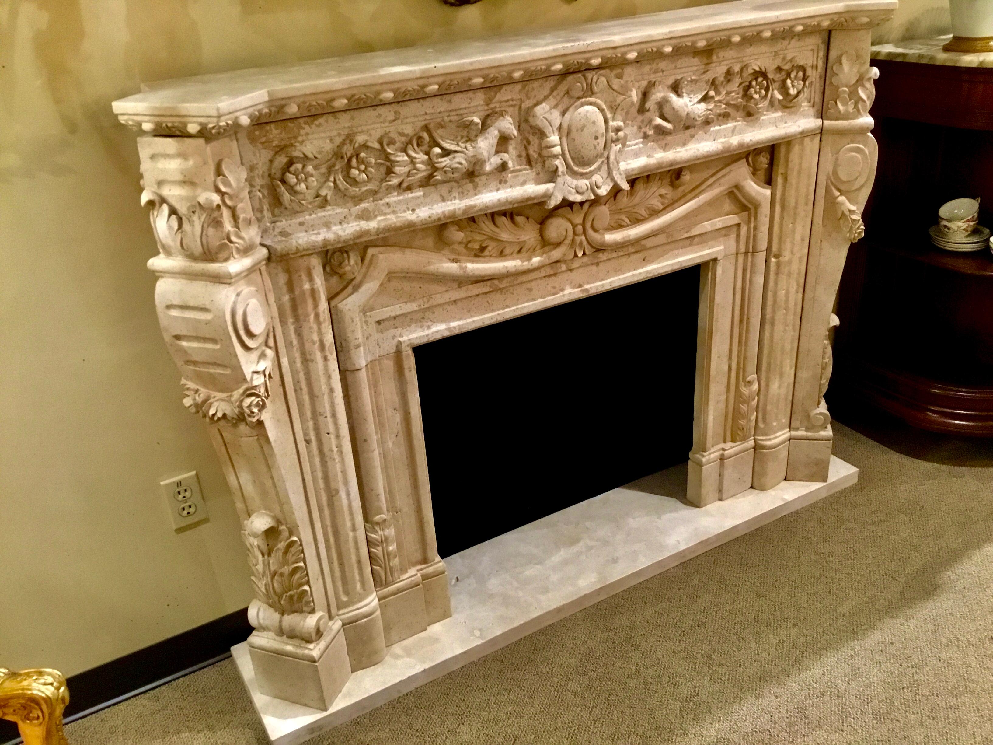 Chinese Hand Carved Marble Mantle in Cream Marble with Carving of Pegasus