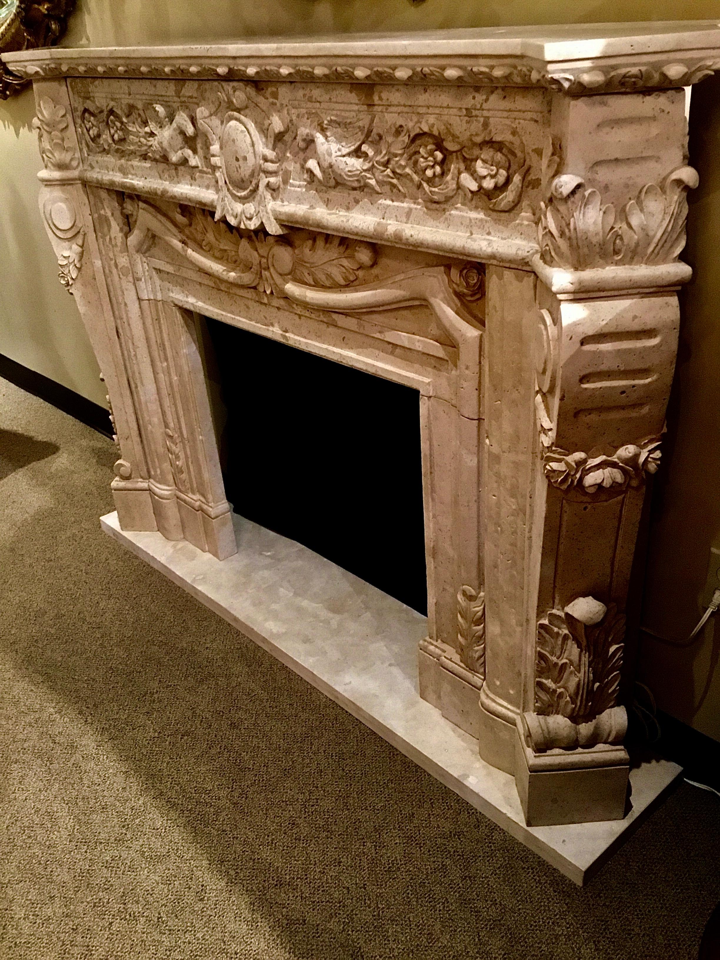 Hand Carved Marble Mantle in Cream Marble with Carving of Pegasus In Excellent Condition In Houston, TX