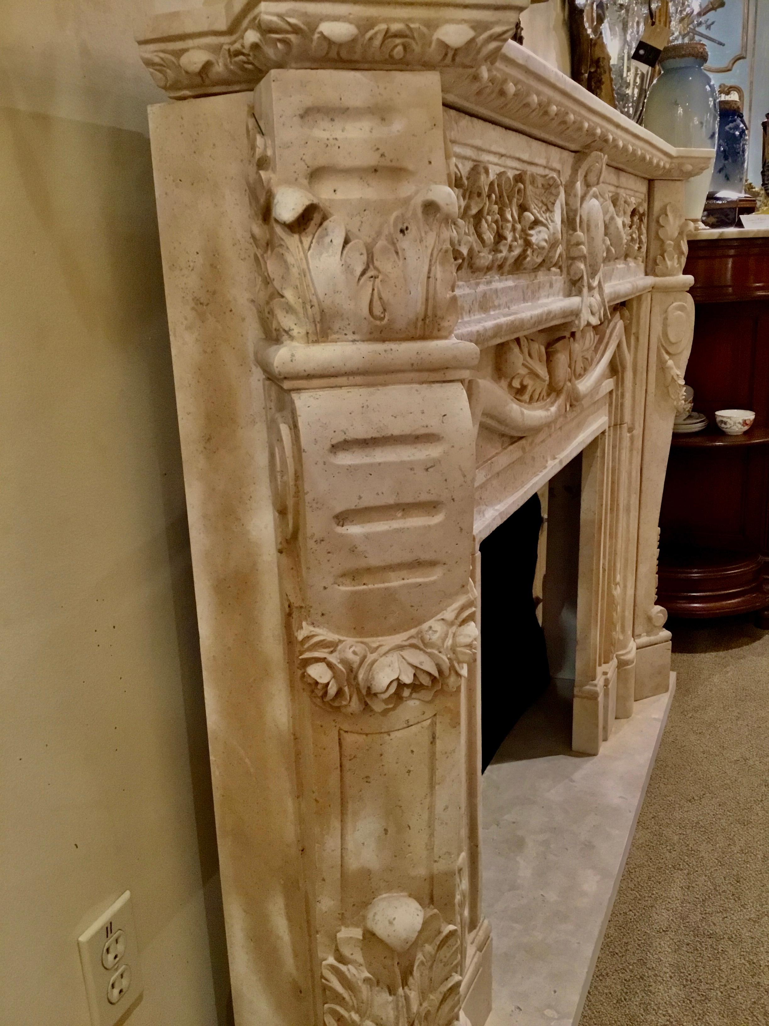 Contemporary Hand Carved Marble Mantle in Cream Marble with Carving of Pegasus