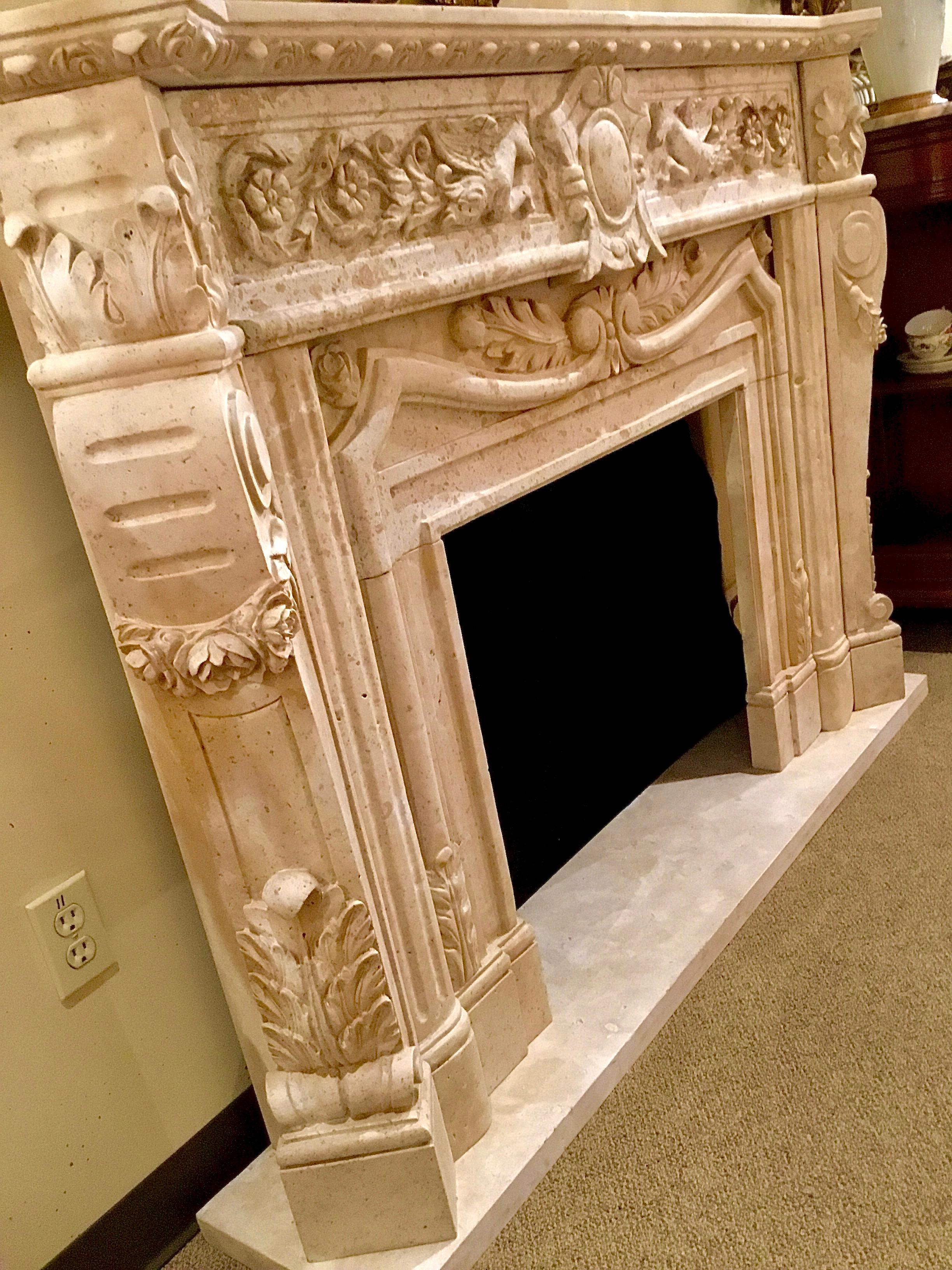 Hand Carved Marble Mantle in Cream Marble with Carving of Pegasus 1