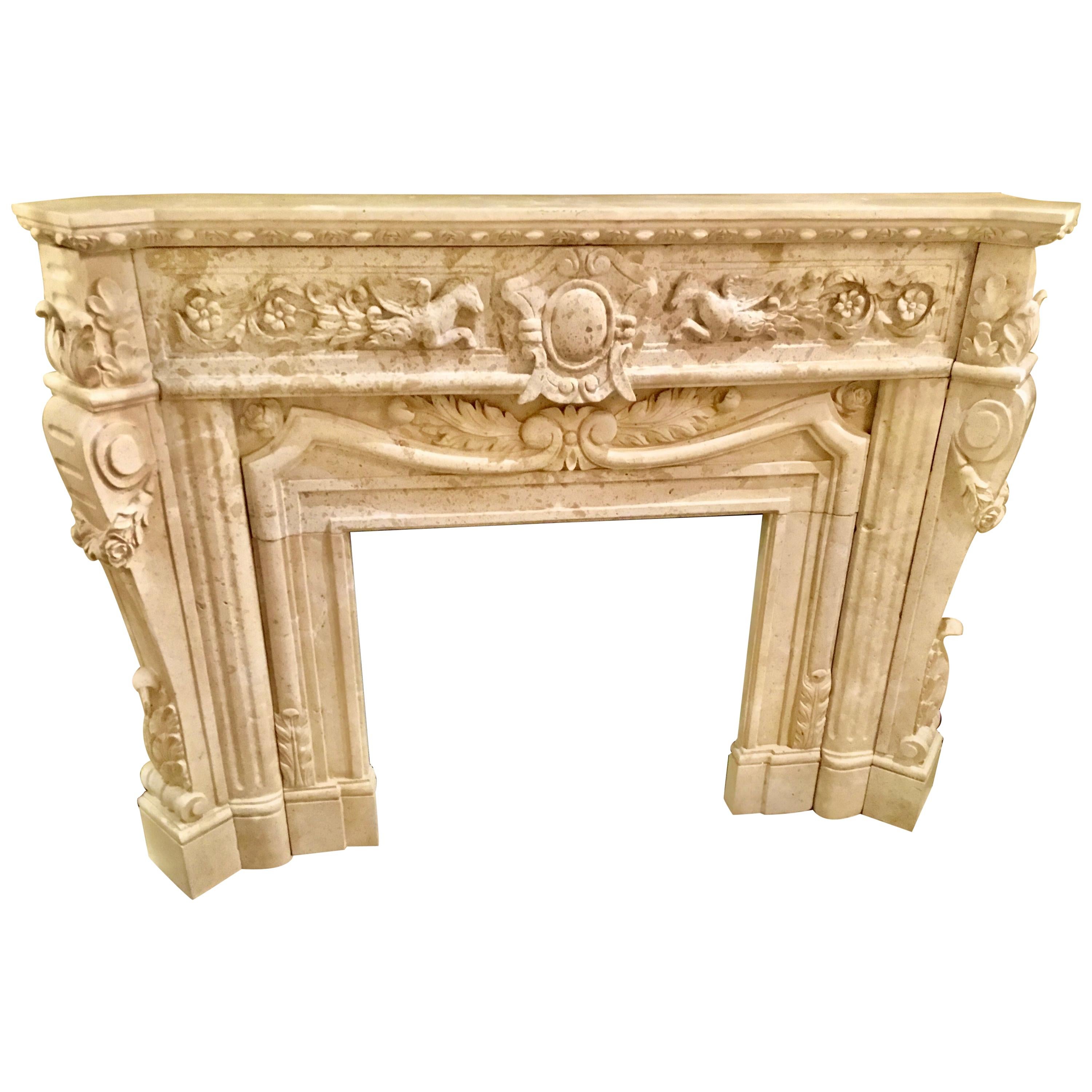 Hand Carved Marble Mantle in Cream Marble with Carving of Pegasus