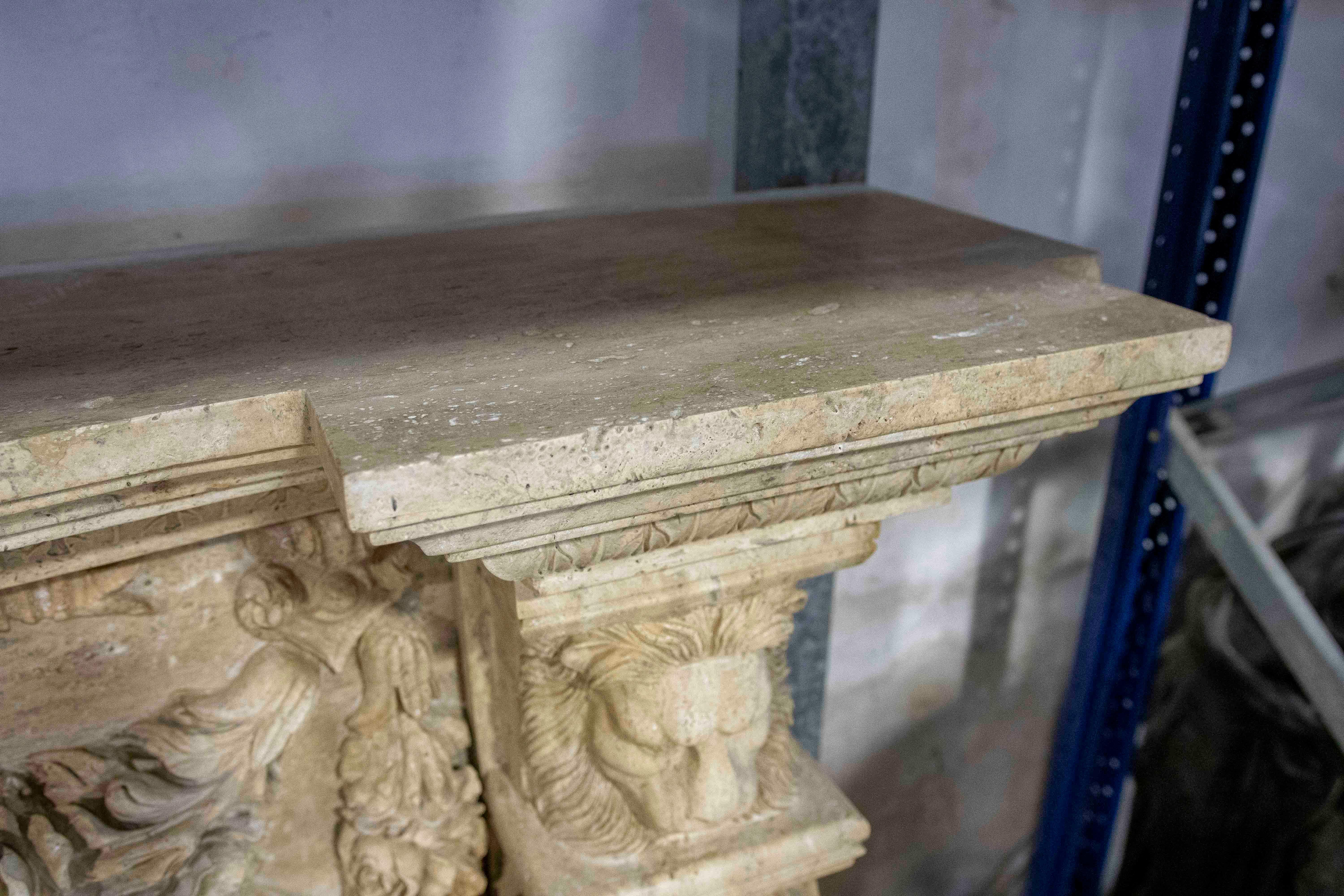 Hand Carved Marble Monumental Fireplace with Classical Motifs and Lion Masks For Sale 5