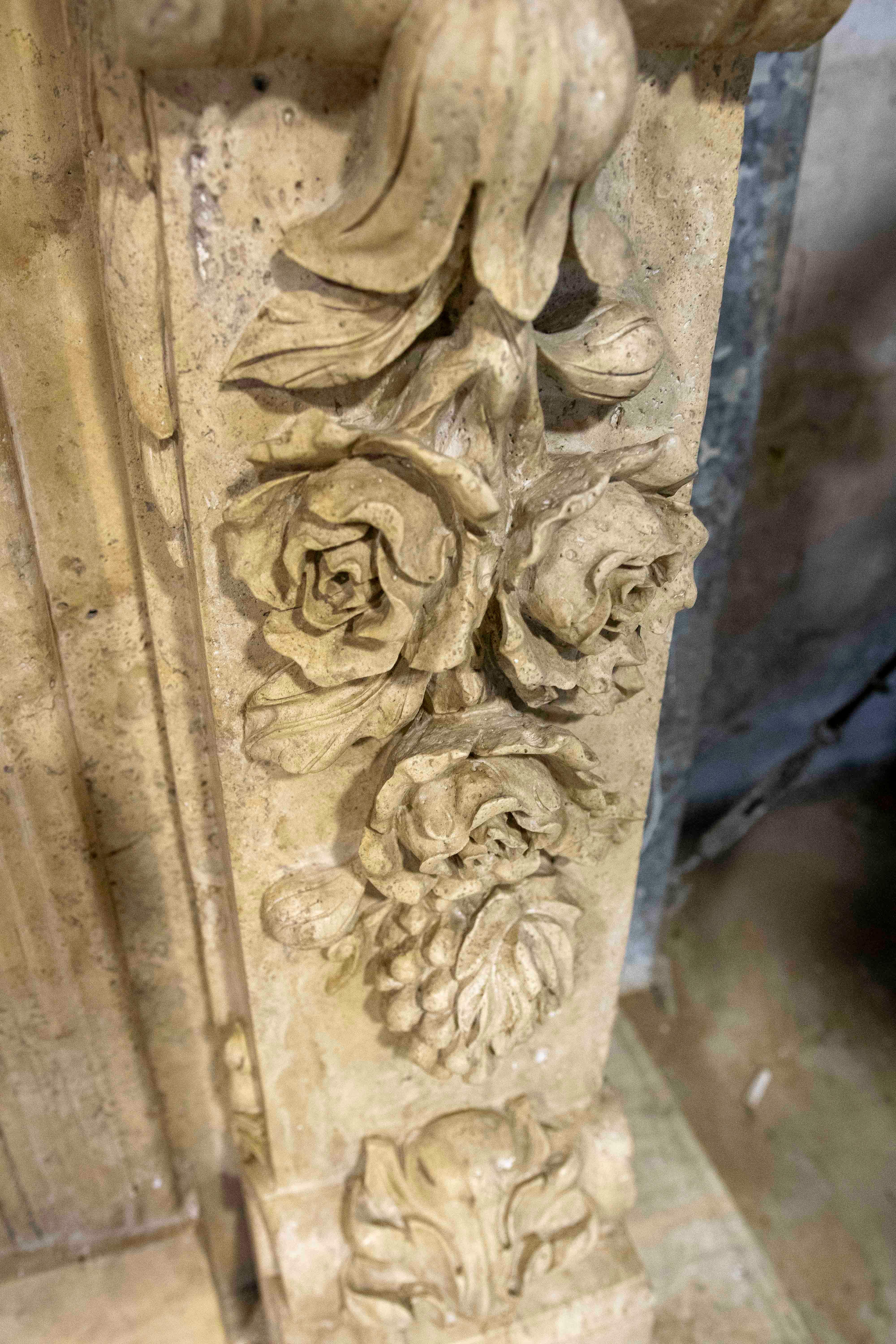 Hand Carved Marble Monumental Fireplace with Classical Motifs and Lion Masks For Sale 7