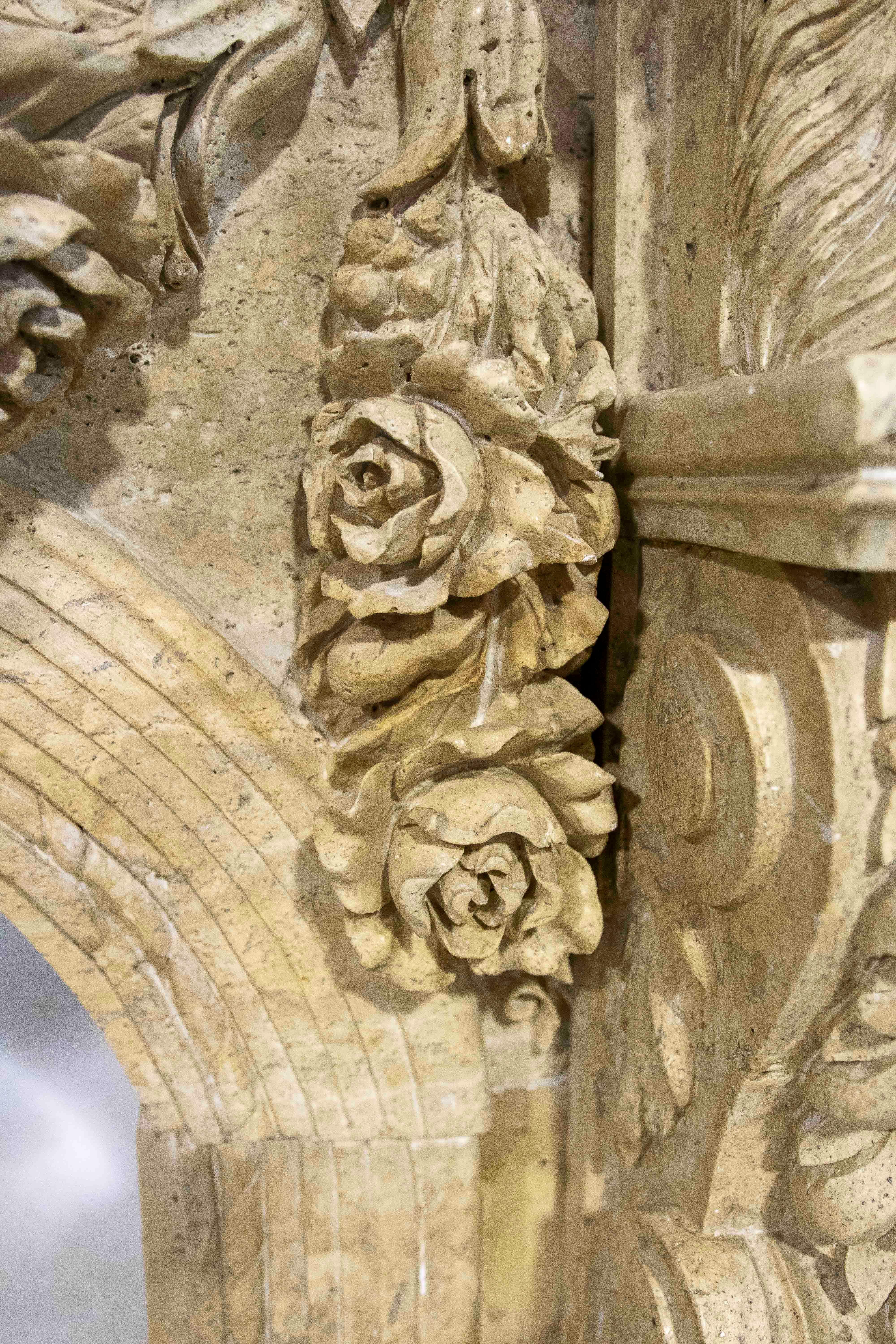 Hand Carved Marble Monumental Fireplace with Classical Motifs and Lion Masks For Sale 8