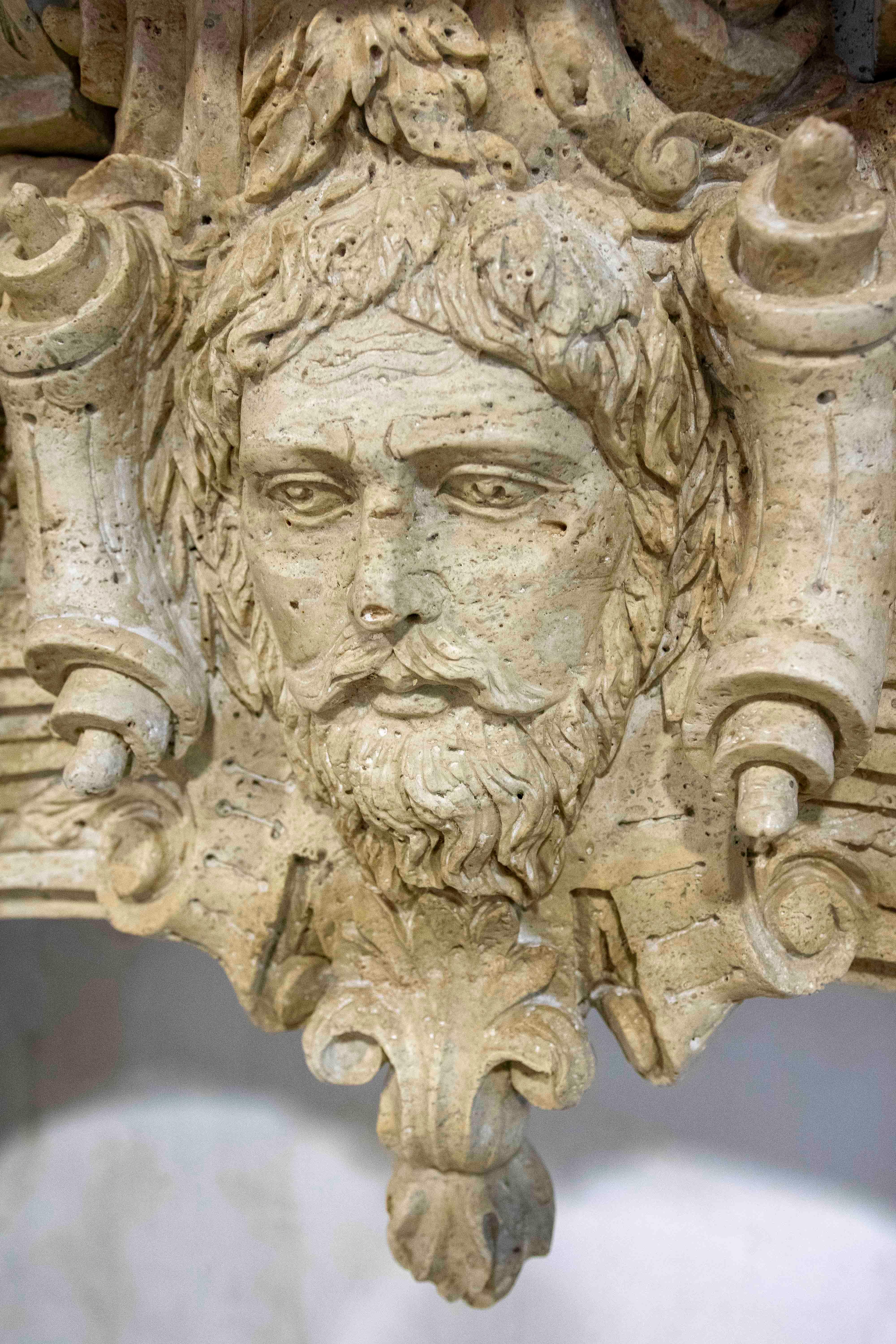 Hand Carved Marble Monumental Fireplace with Classical Motifs and Lion Masks For Sale 9