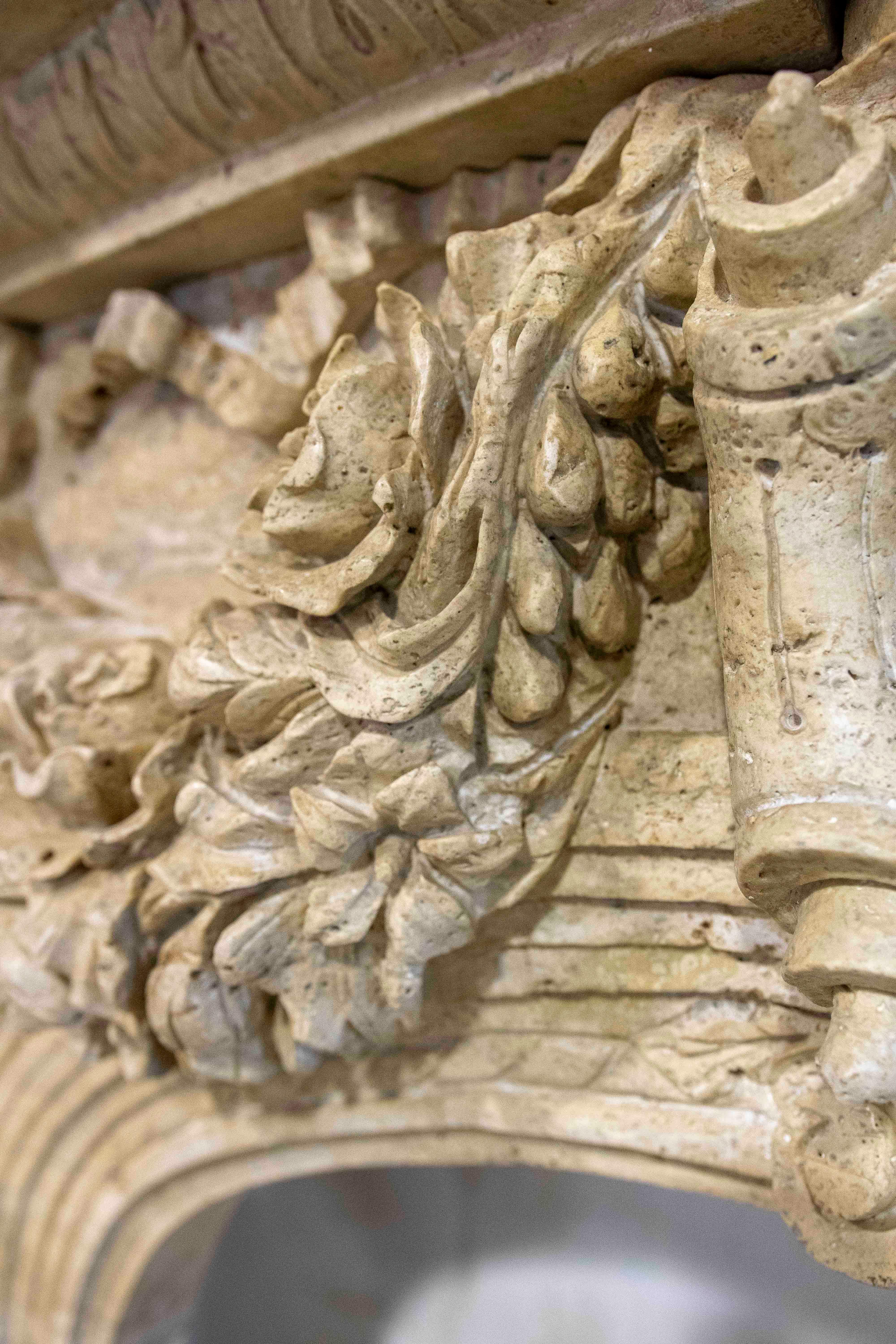 Hand Carved Marble Monumental Fireplace with Classical Motifs and Lion Masks For Sale 10