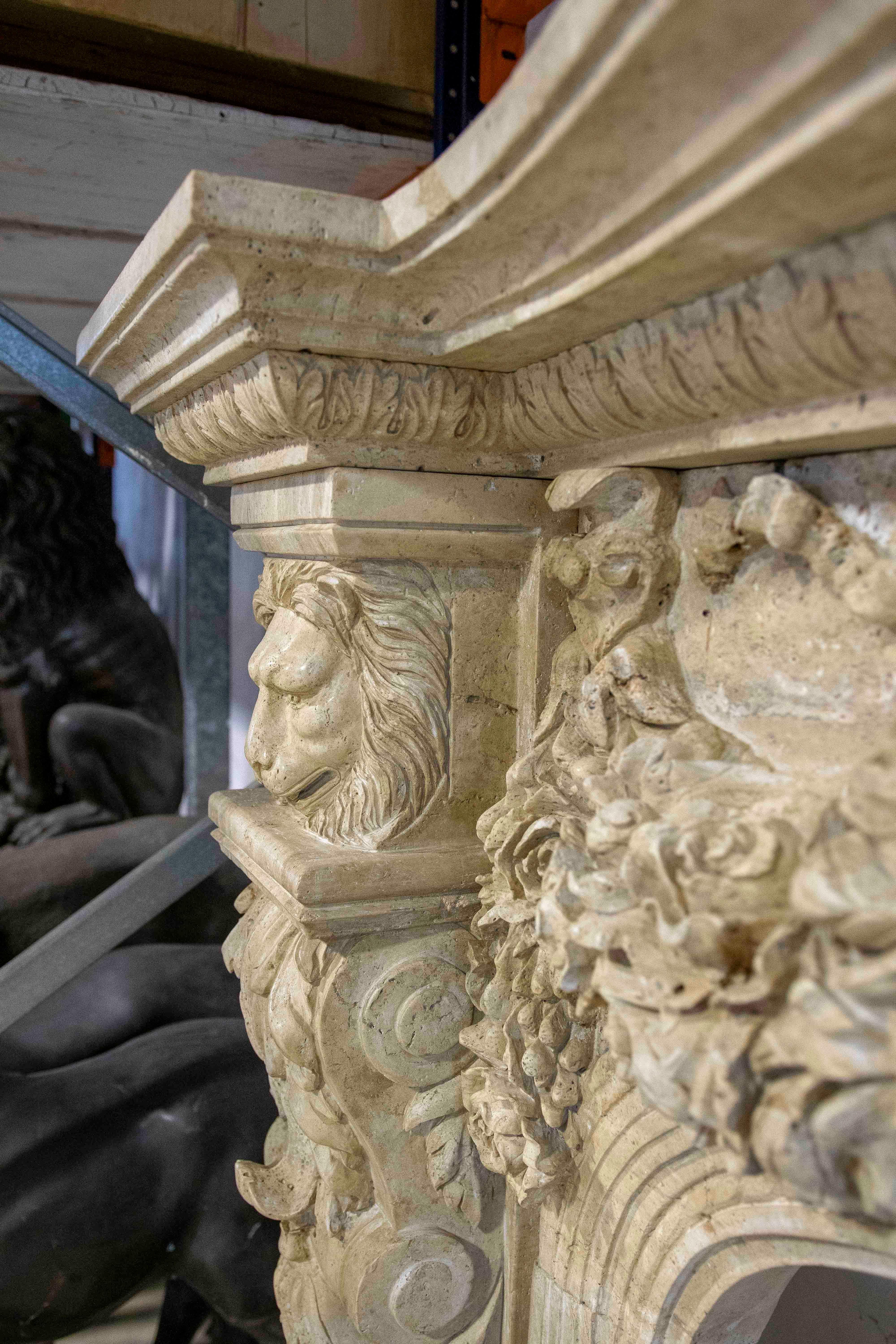 Hand Carved Marble Monumental Fireplace with Classical Motifs and Lion Masks For Sale 11