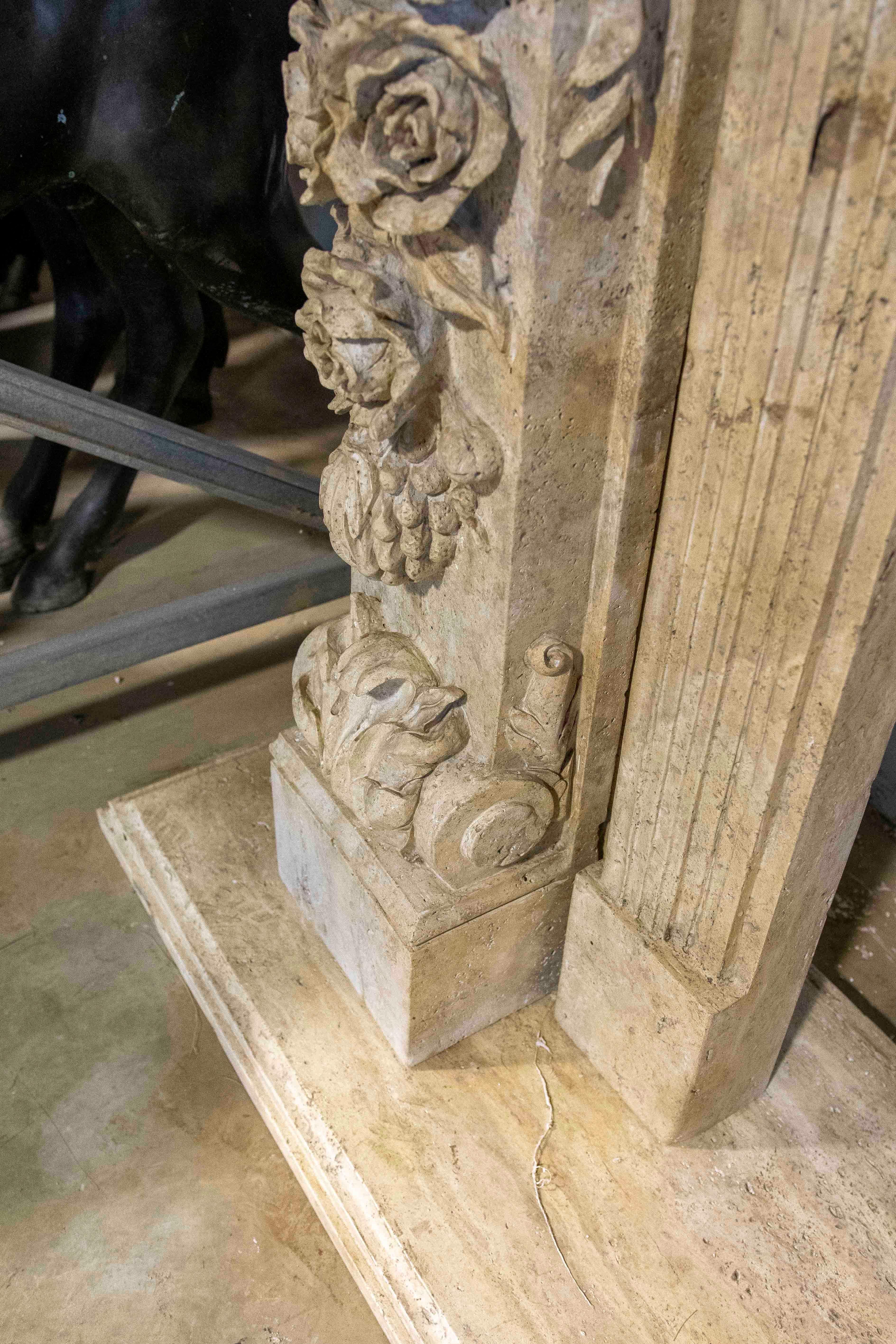 Hand Carved Marble Monumental Fireplace with Classical Motifs and Lion Masks For Sale 12