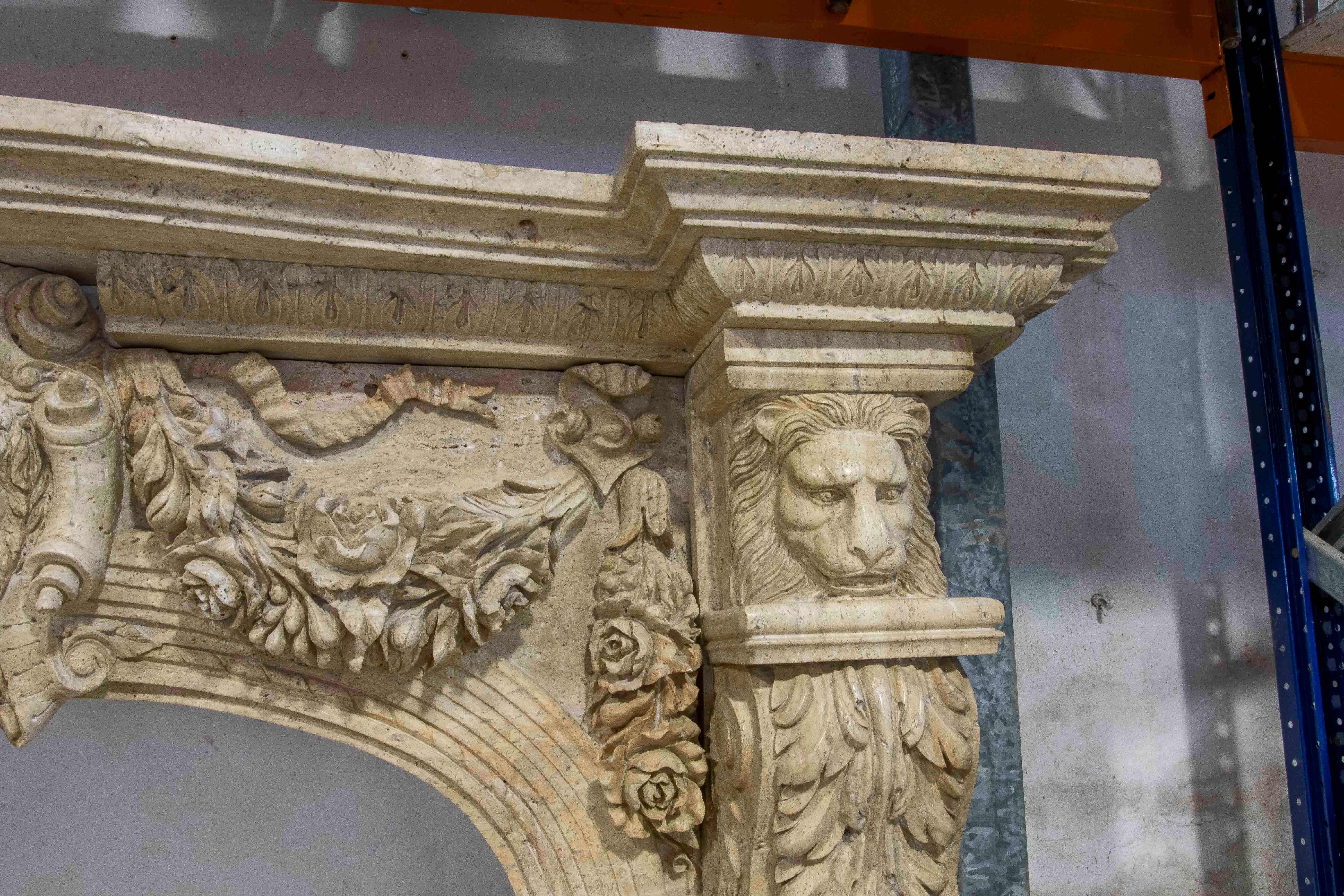 Hand Carved Marble Monumental Fireplace with Classical Motifs and Lion Masks In Good Condition For Sale In Marbella, ES