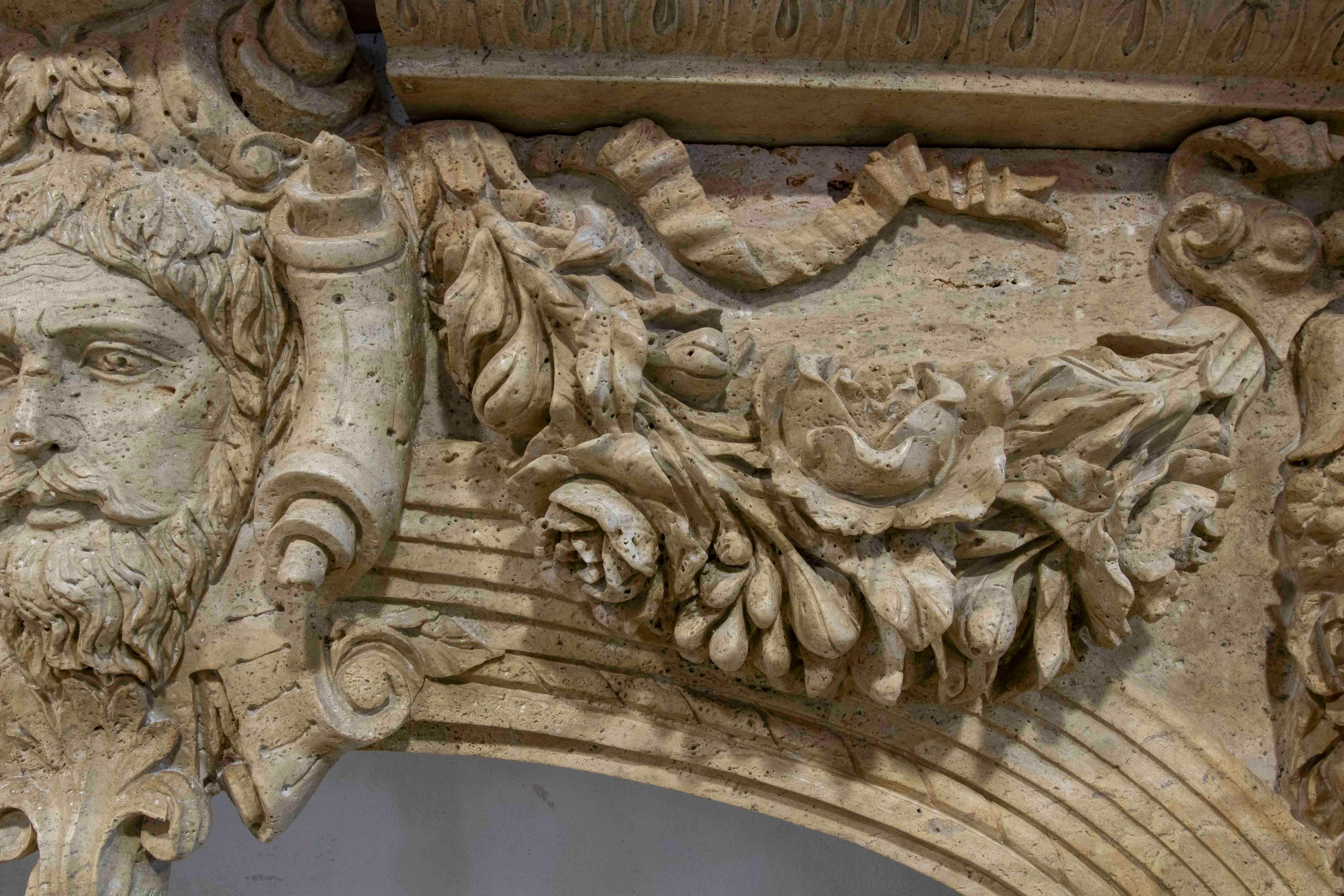 20th Century Hand Carved Marble Monumental Fireplace with Classical Motifs and Lion Masks For Sale