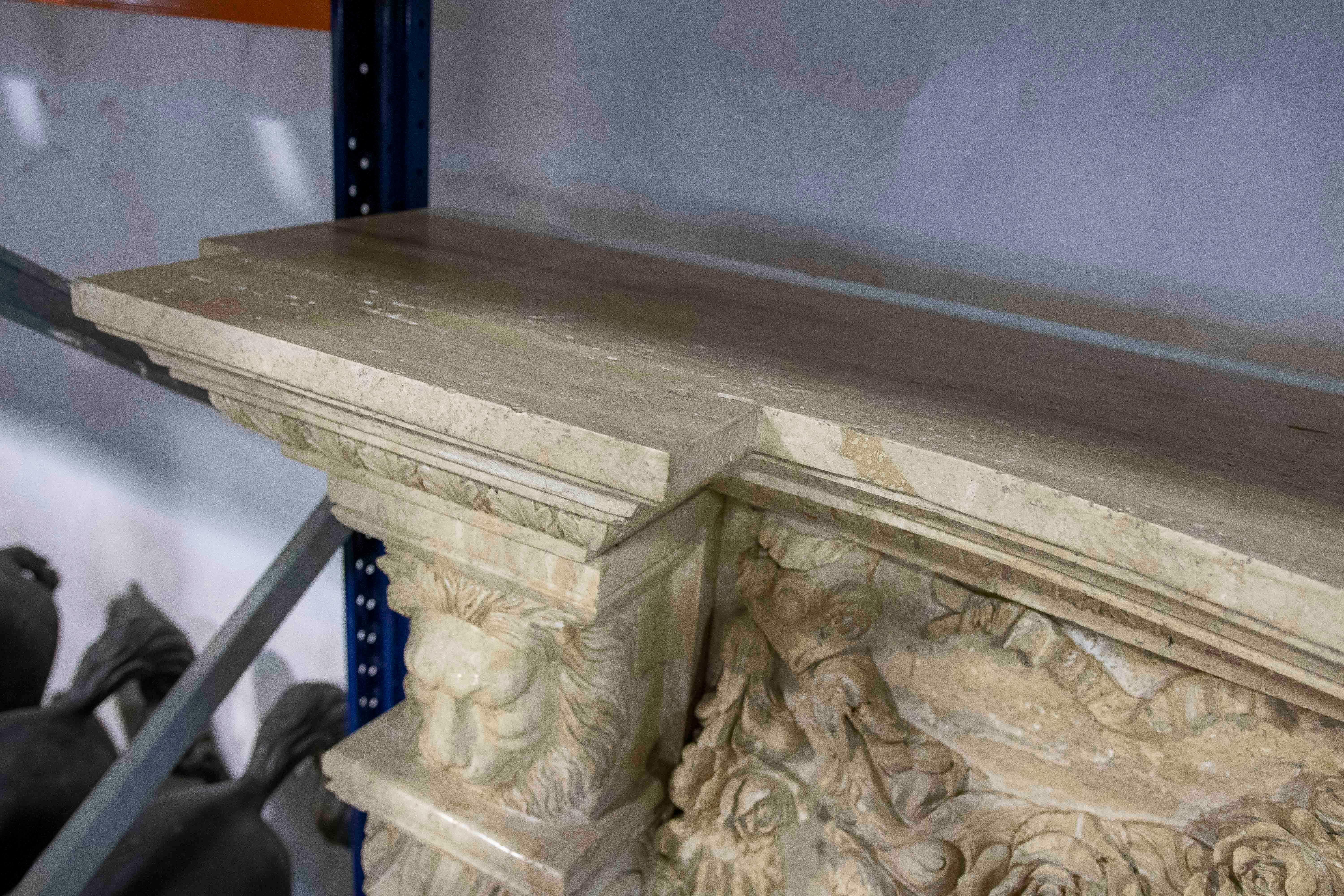 Hand Carved Marble Monumental Fireplace with Classical Motifs and Lion Masks For Sale 1