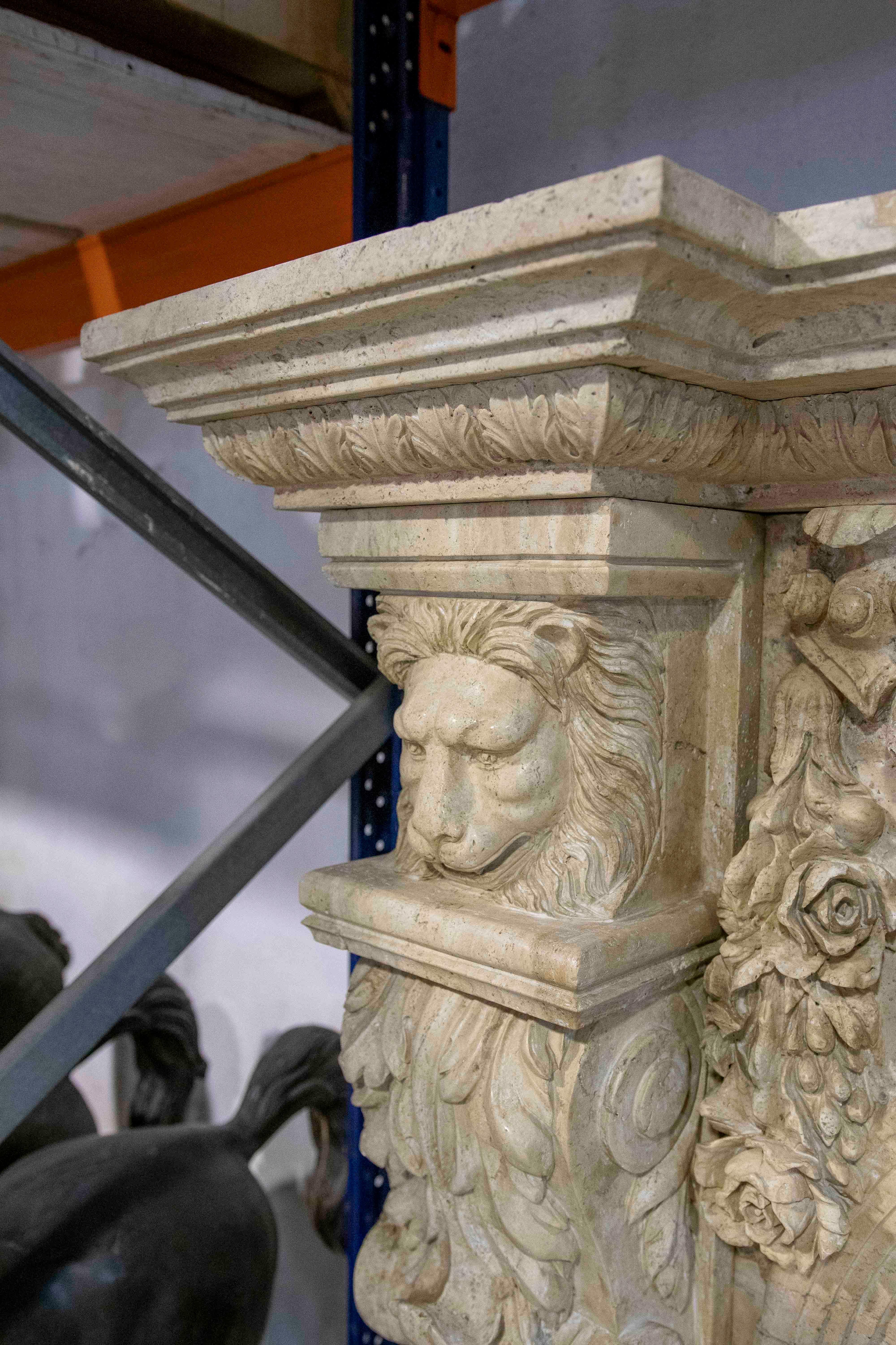 Hand Carved Marble Monumental Fireplace with Classical Motifs and Lion Masks For Sale 2