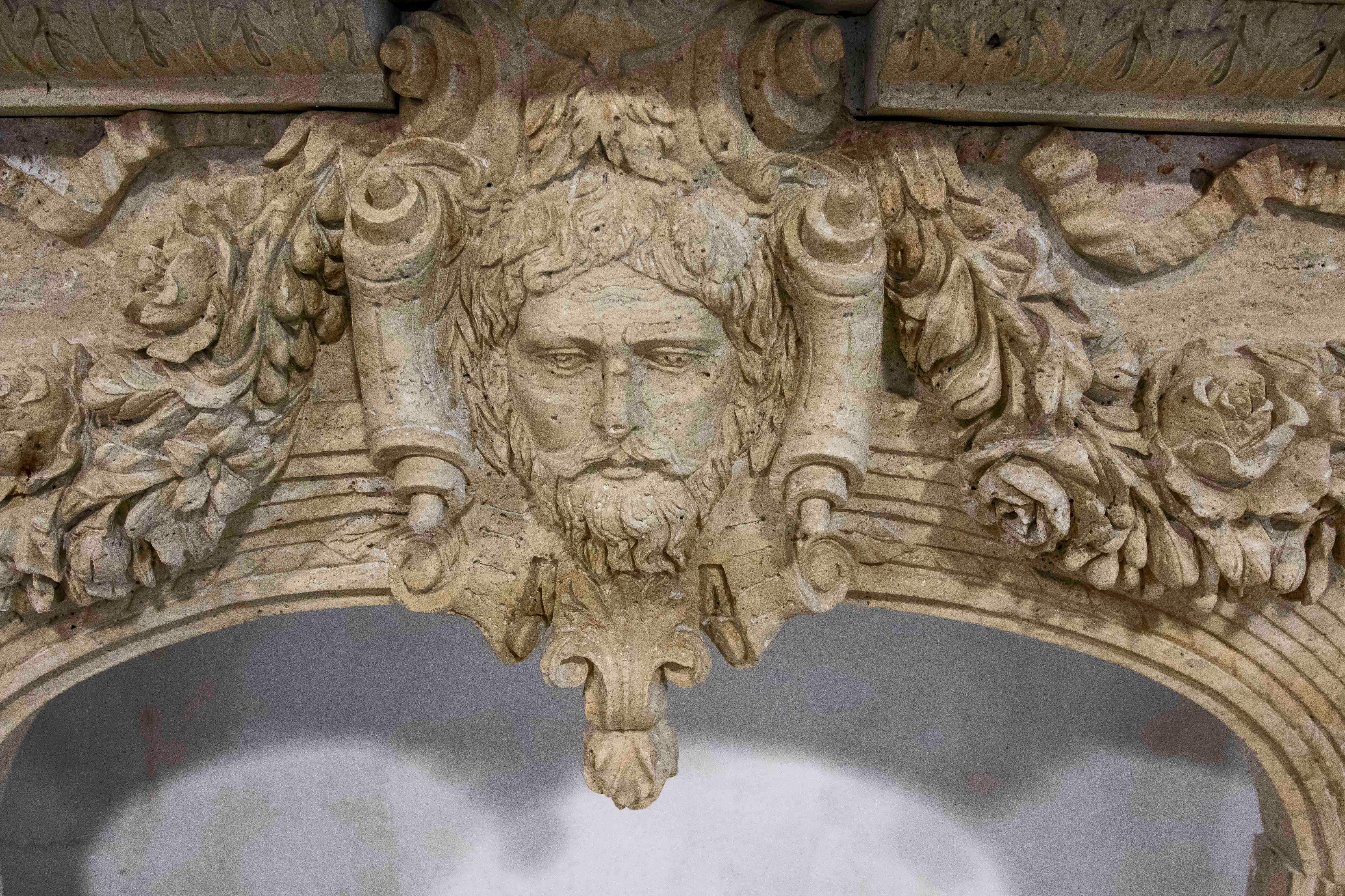 Hand Carved Marble Monumental Fireplace with Classical Motifs and Lion Masks For Sale 3