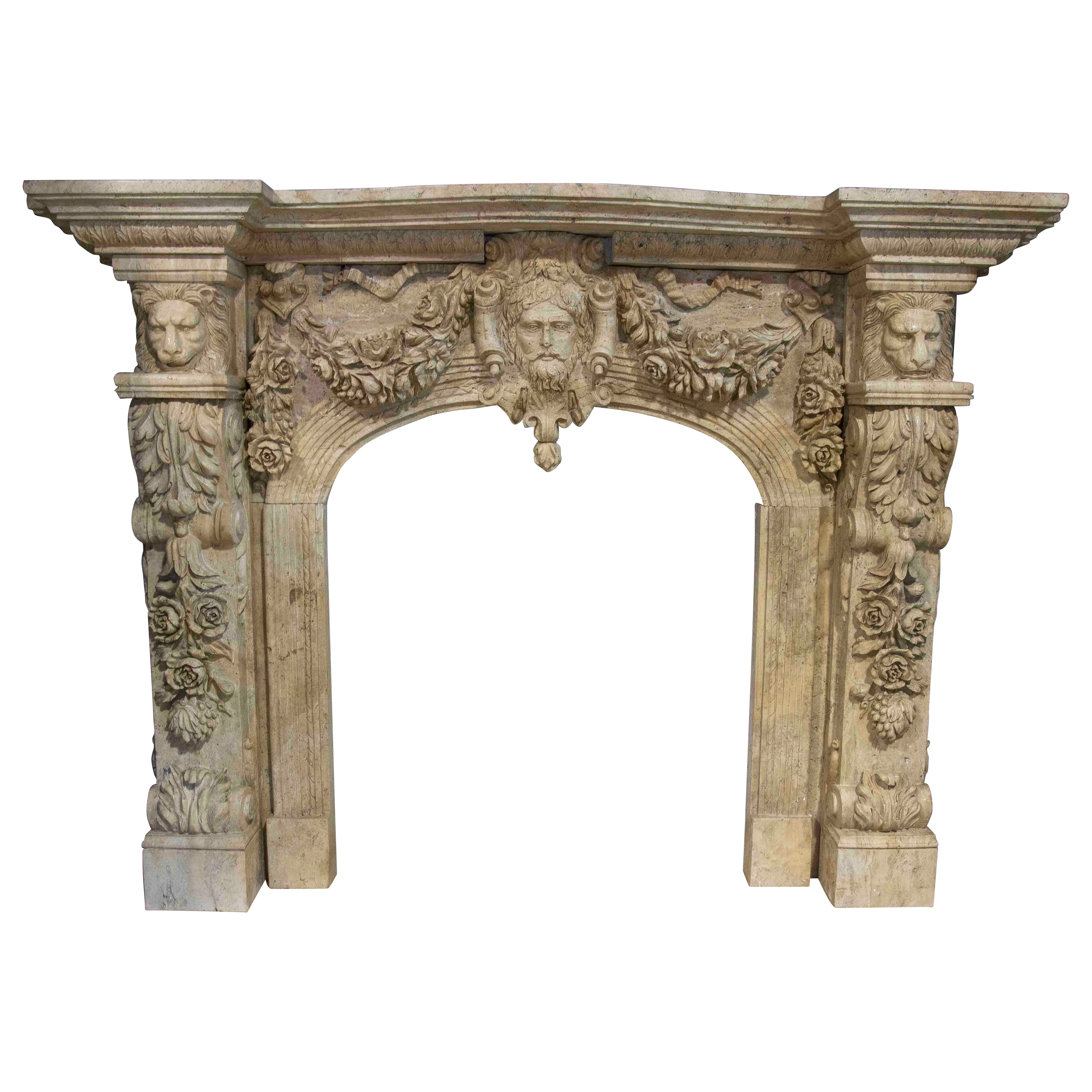 Hand Carved Marble Monumental Fireplace with Classical Motifs and Lion Masks