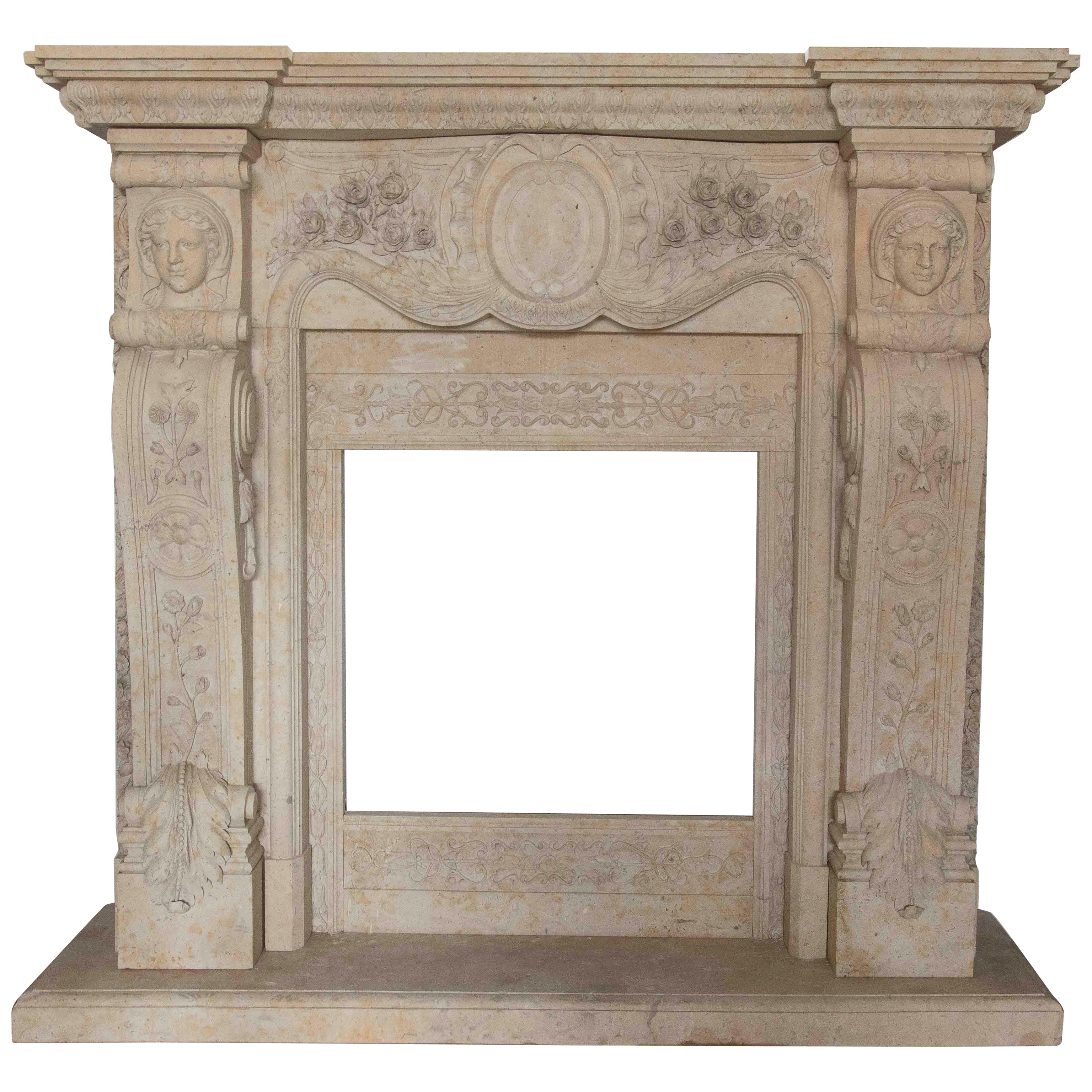 Hand-Carved Marble Monumental Fireplace with Faces and Floral Motifs