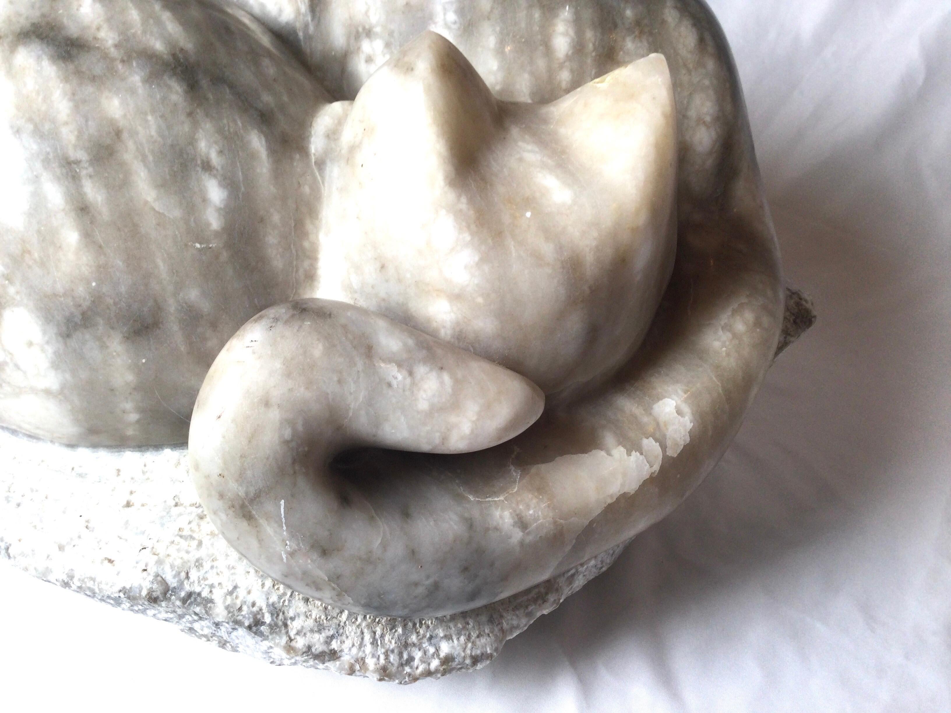 Eine geschnitzte Katzenskulptur, signiert und datiert von dem Künstler A. Fields 1979. Die eingerollten Katzen wie in Yin und Yang . der Marmor mit einer sehr bunten schwarzen und weißen Farbe. 9,25 cm hoch, 15 cm breit, 13 cm tief.