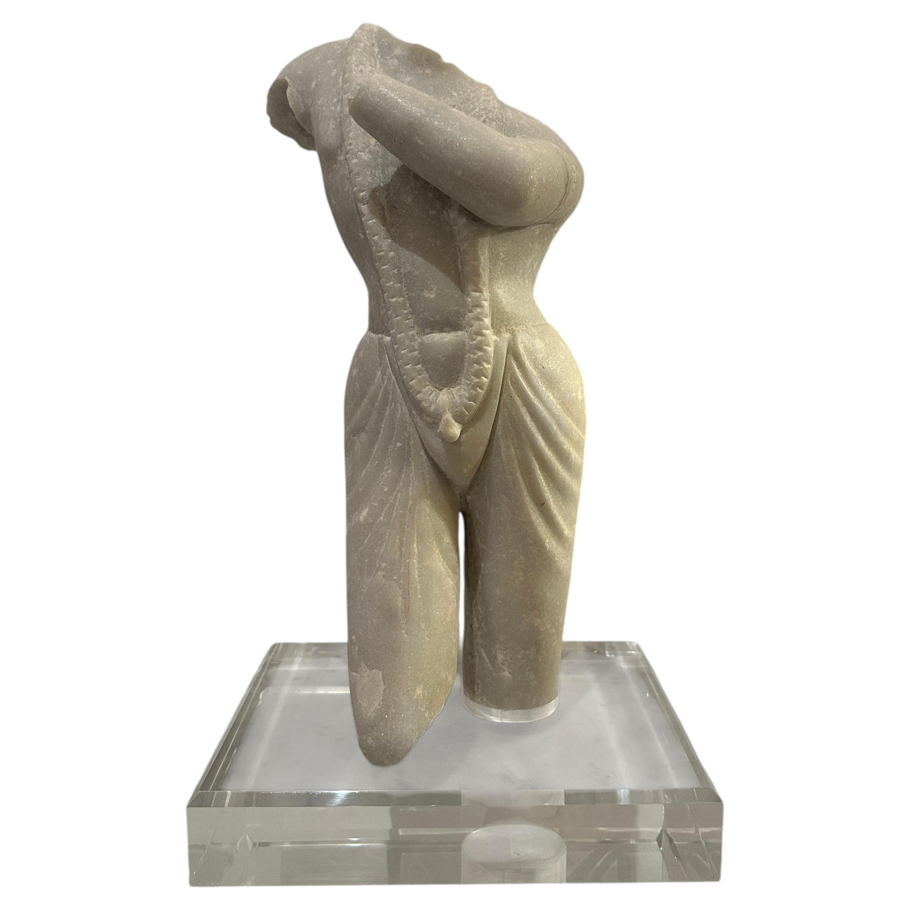 Hand-Carved Marble Southeast Asian Torso-19th Century-Later Lucite Base For Sale