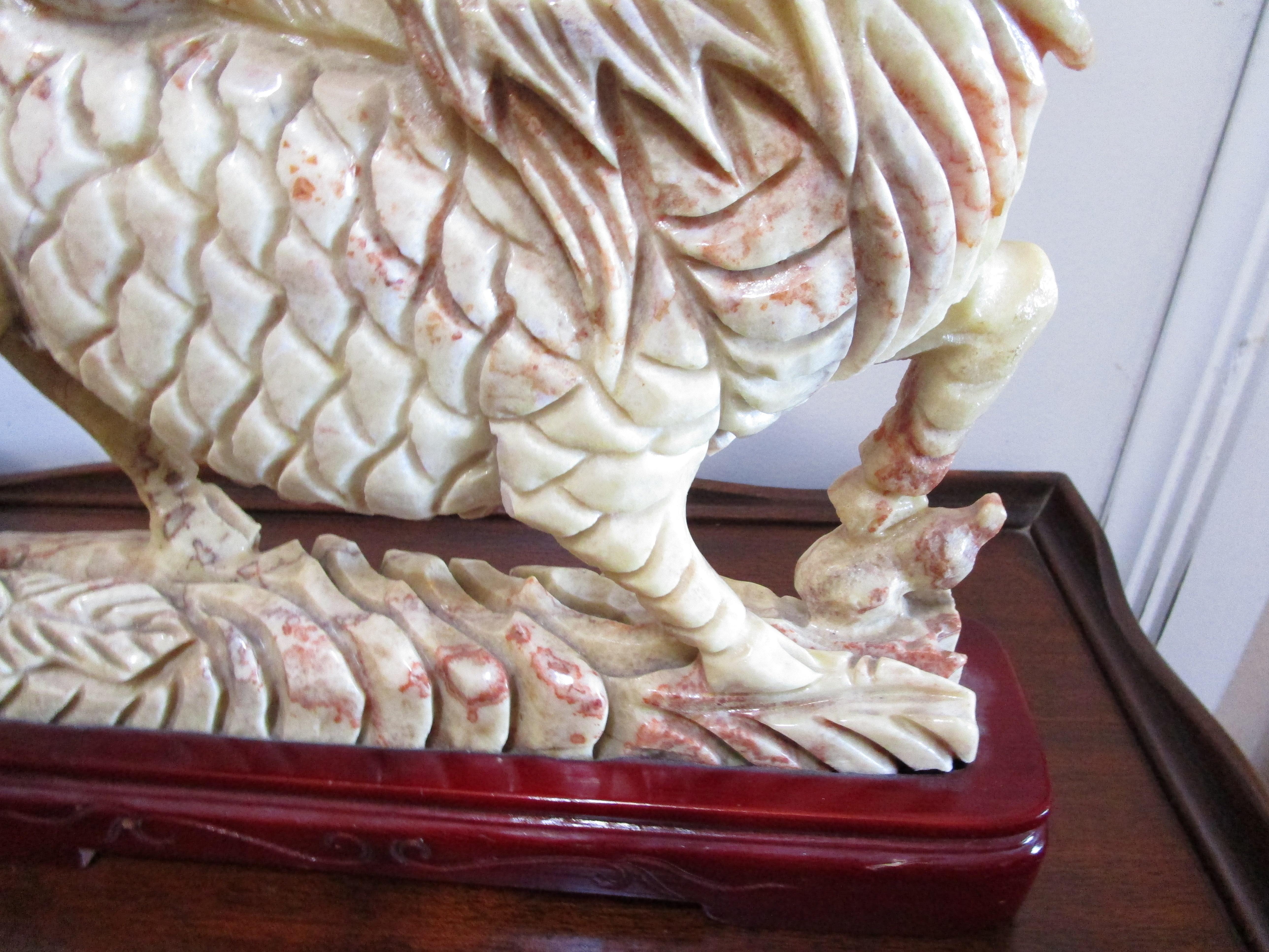Hand-Carved Hand Carved Marble Statue of Qilin, Chinese Mythical Beast on Rosewood Base For Sale