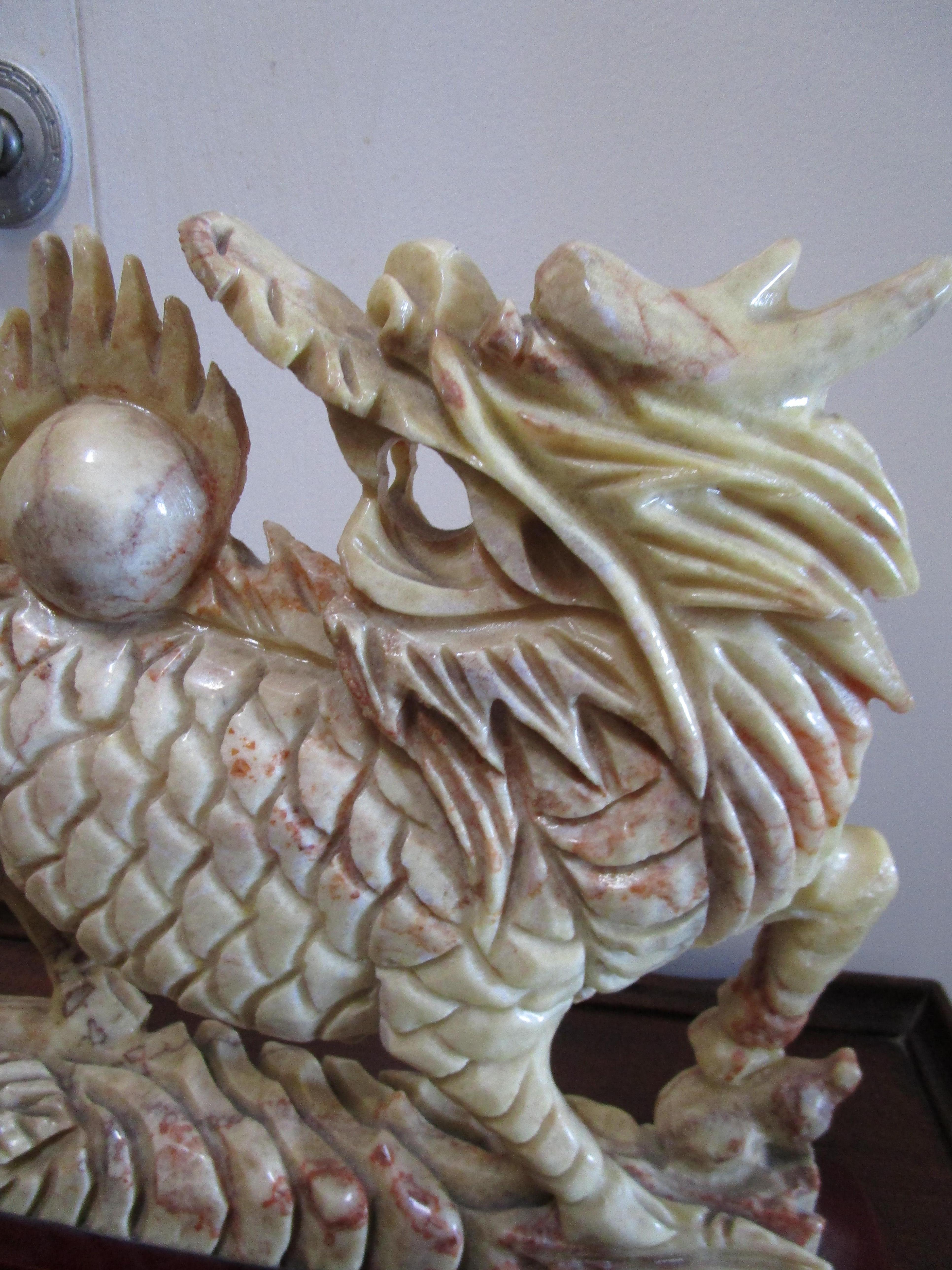 20th Century Hand Carved Marble Statue of Qilin, Chinese Mythical Beast on Rosewood Base For Sale