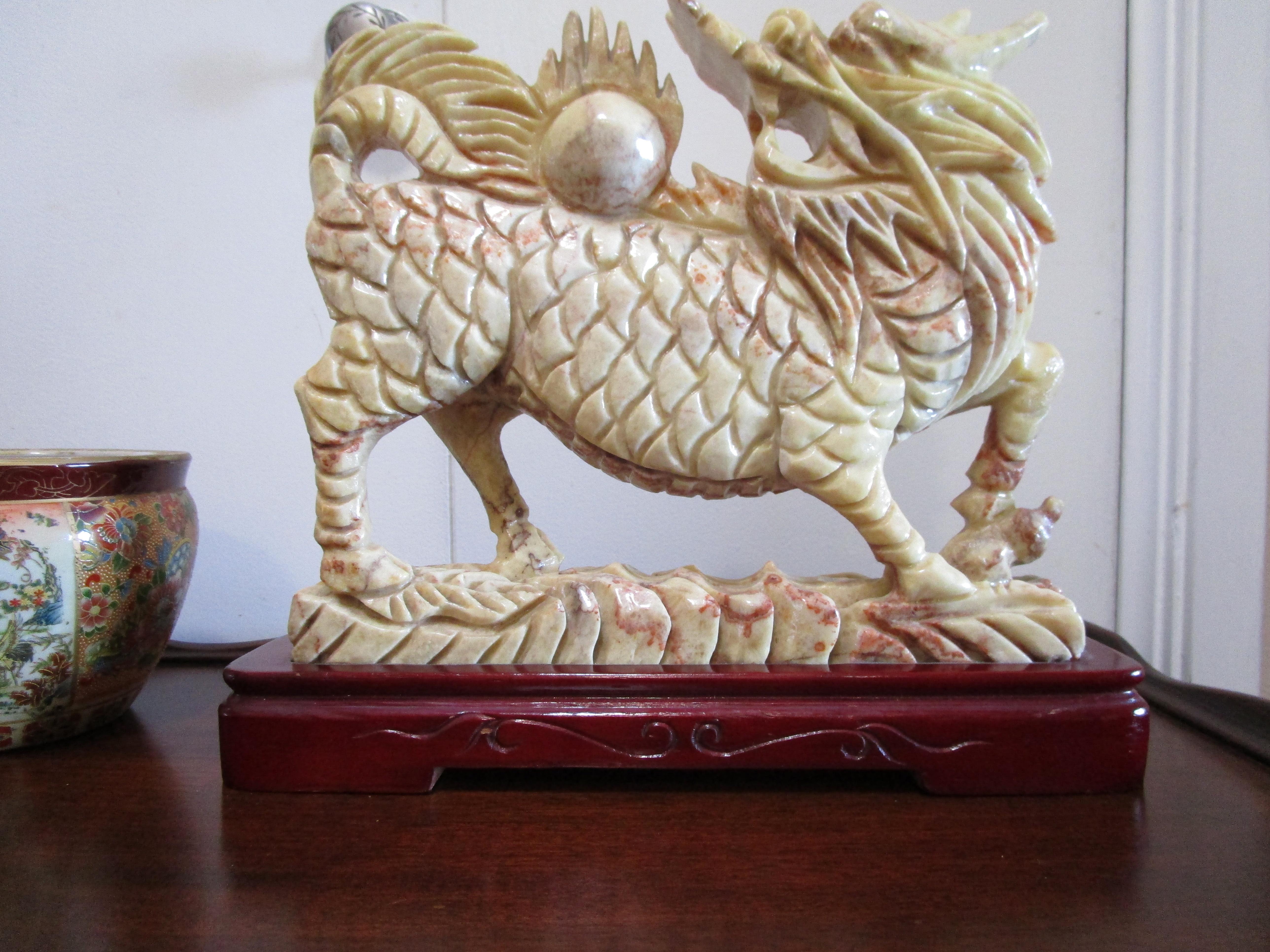 Hand Carved Marble Statue of Qilin, Chinese Mythical Beast on Rosewood Base For Sale 1