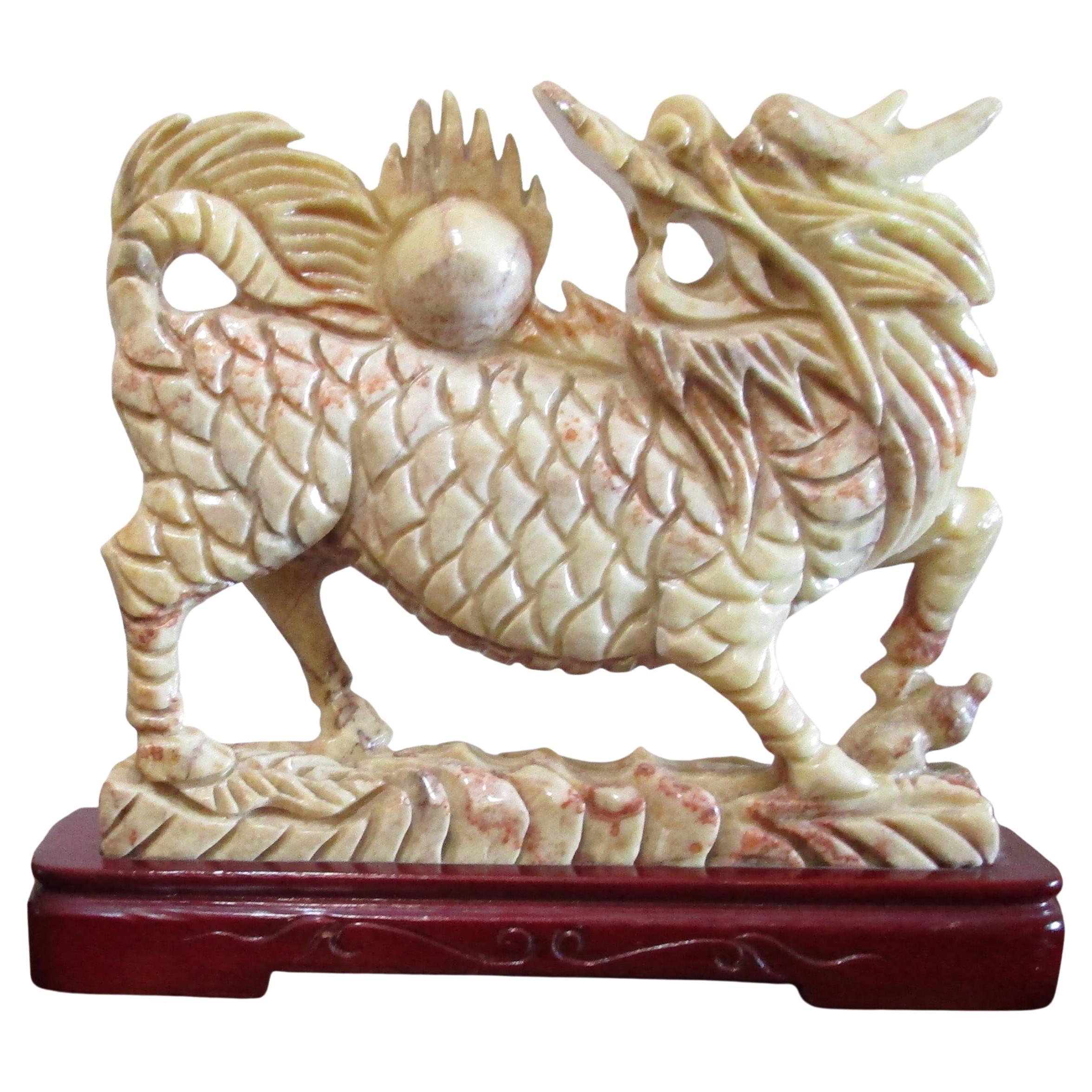 Hand Carved Marble Statue of Qilin, Chinese Mythical Beast on Rosewood Base For Sale