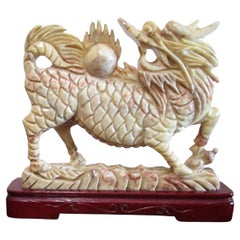 Hand Carved Marble Statue of Qilin, Chinese Mythical Beast on Rosewood Base