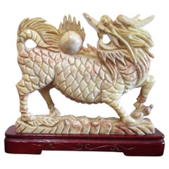 Retro Hand Carved Marble Statue of Qilin, Chinese Mythical Beast on Rosewood Base