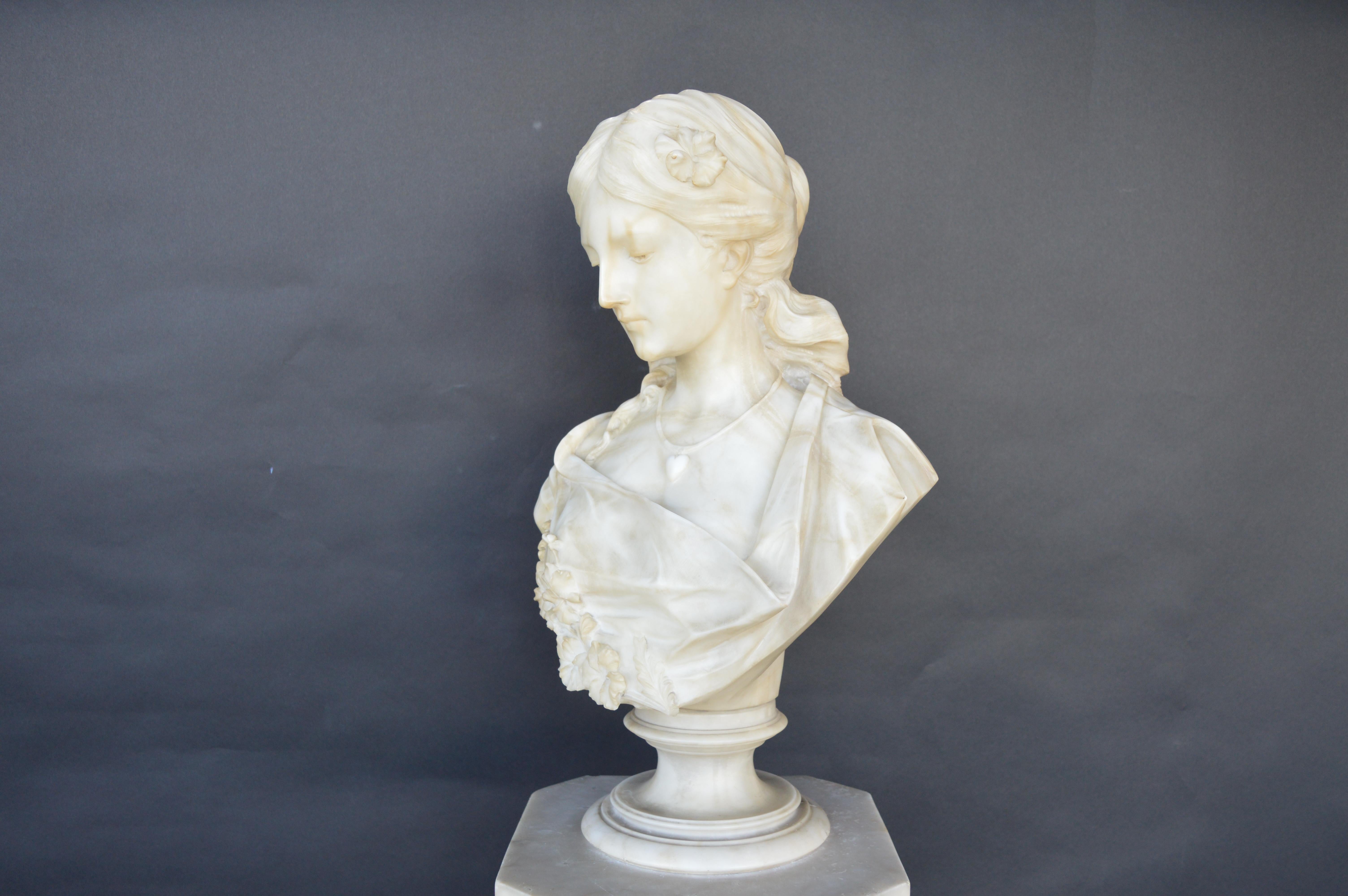 Hand Carved Marble Bust of Sarah Siddon with Original Pedestal For Sale 2