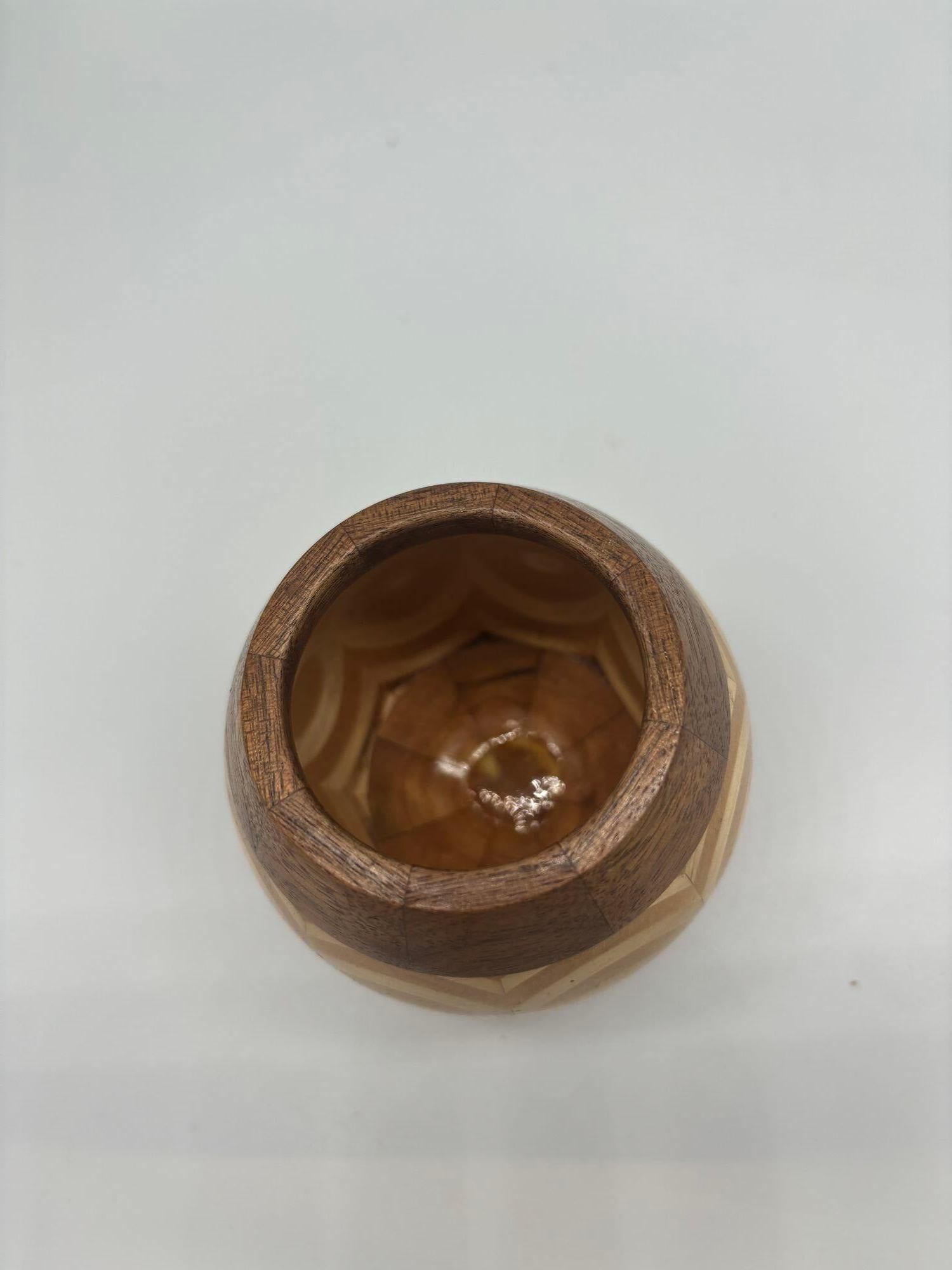 Wood Hand Carved Marquetry Inlay Pear Shaped Vessel with Lid For Sale