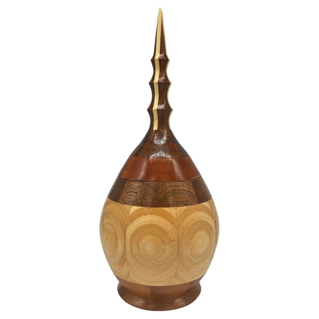 Hand Carved Marquetry Inlay Pear Shaped Vessel with Lid