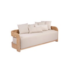 Hand-Carved Massive Oak Outdoor Sofa with Rounded Armrests and Oversized Cushion