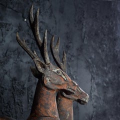 Hand Carved Matched Pair Recumbent Deer Statues