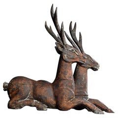 Hand Carved Matched Pair Recumbent Deer Statues