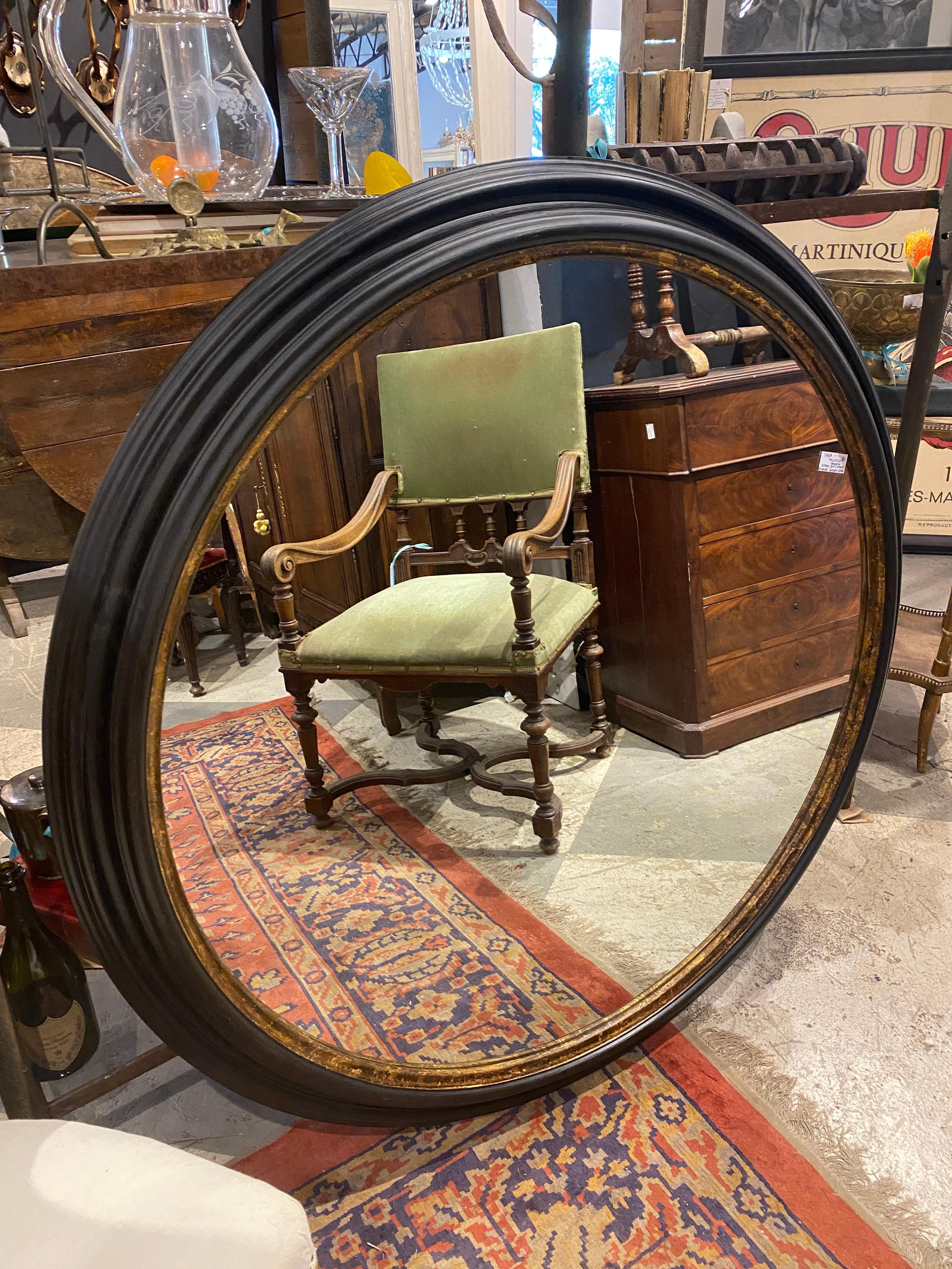 Louis Philippe Hand Carved Matte Black and Bronze Gilt Round Mayson Mirror