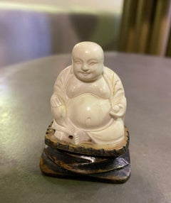 Hand Carved Meerschaum Chinese Sitting Buddha on Wood Display Stand