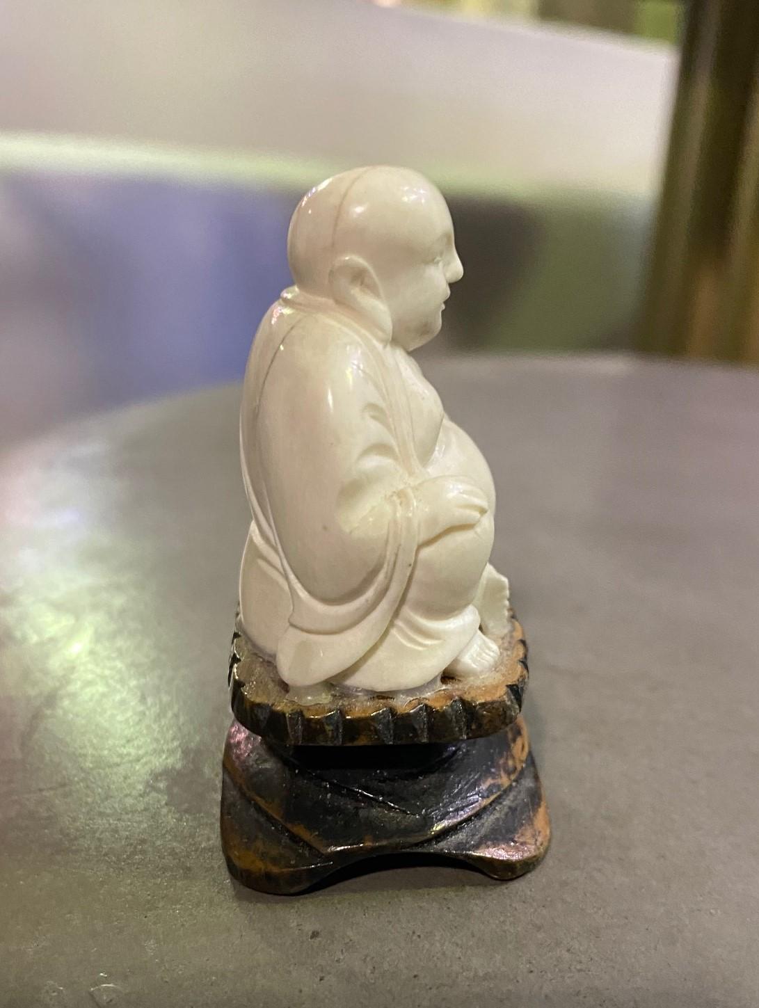 Asian Hand Carved Meerschaum Chinese Sitting Buddha on Wood Display Stand For Sale