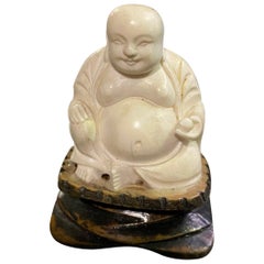 Hand Carved Meerschaum Chinese Sitting Buddha on Wood Display Stand
